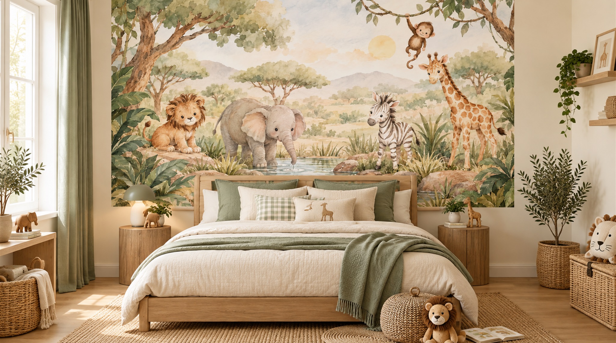 Cream And Red Decorative Patterning Safari Wallpaper Mural Nursery-wallpaper-murals, Peel-and-stick Finish