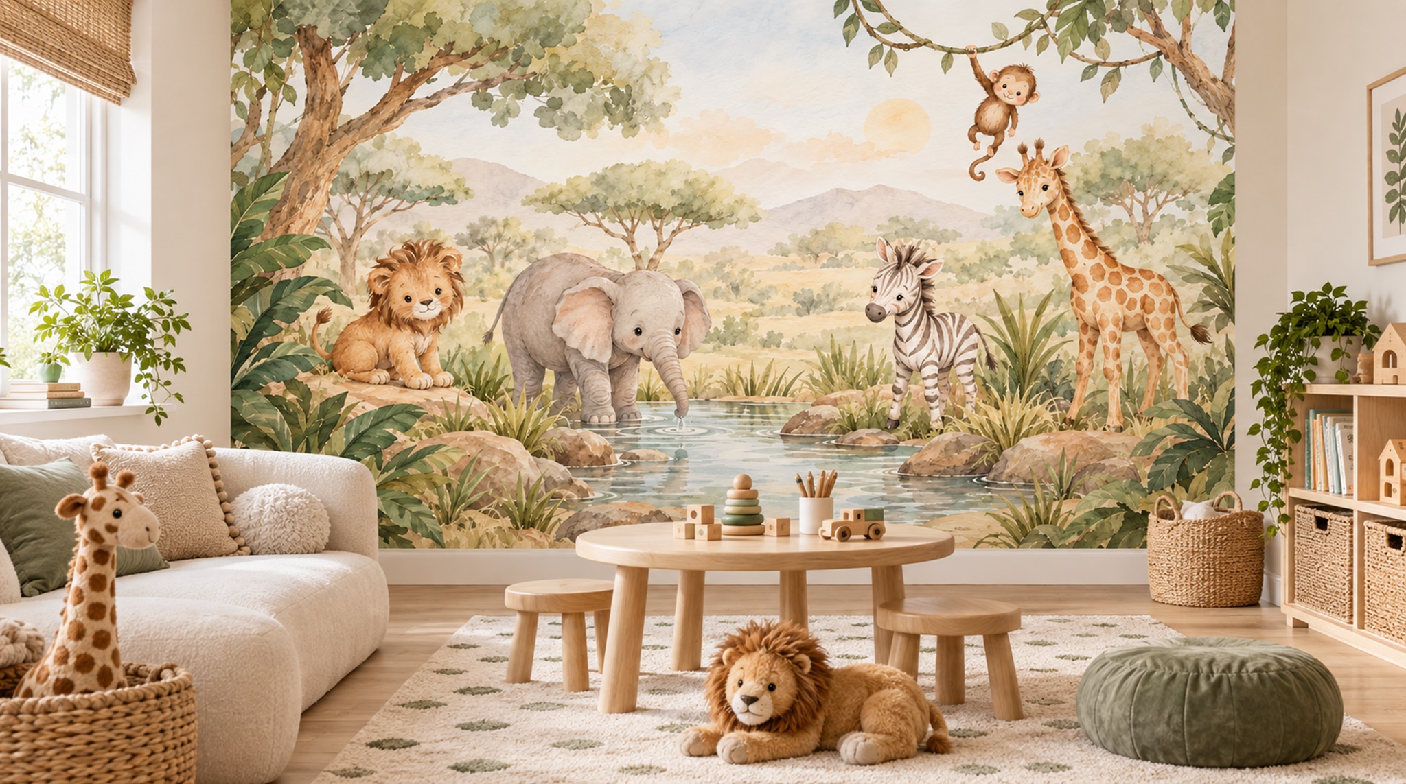 Safari Animals And Acacia Trees Wallpaper Mural — Wallpaper Mural Design, Peel-and-stick Finish