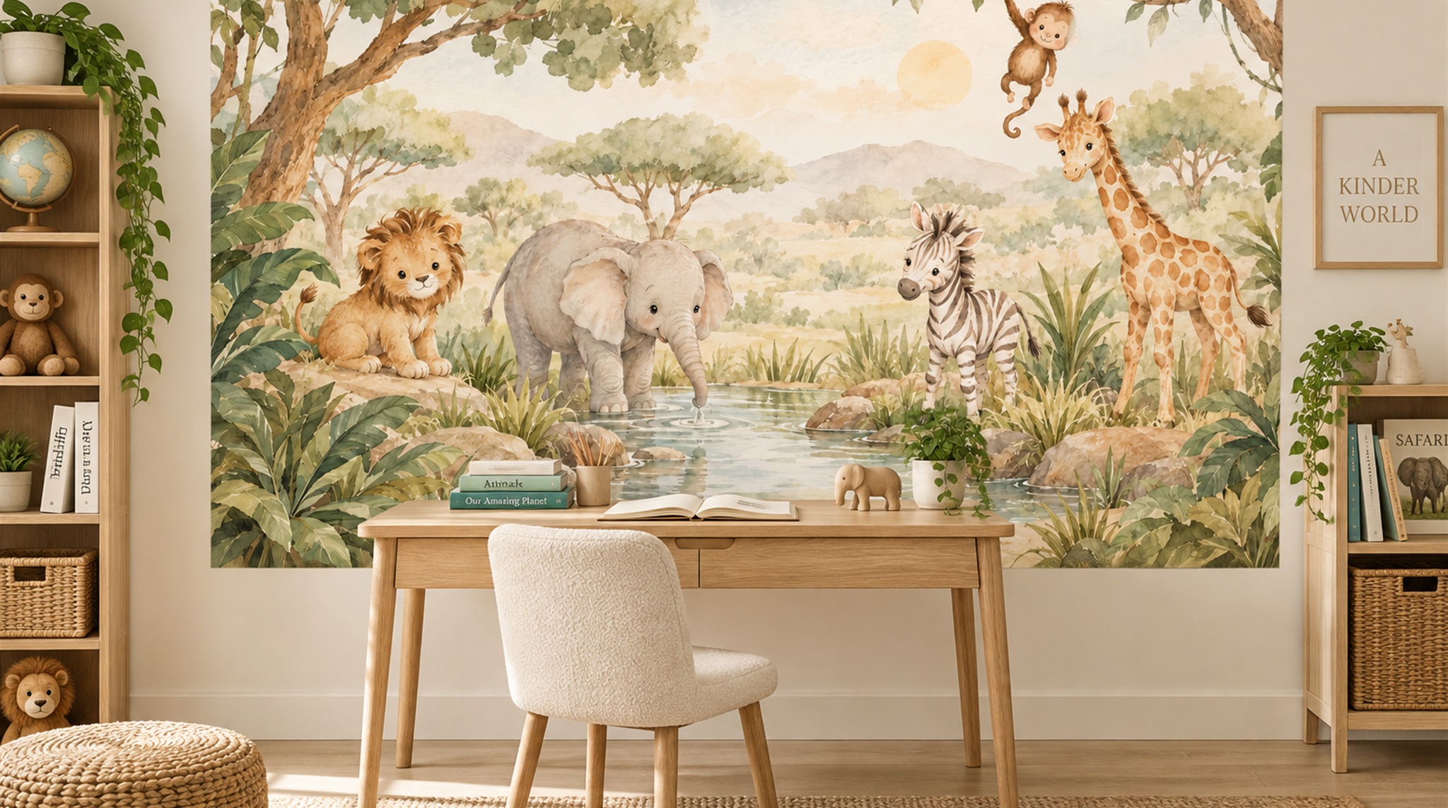 Cream And Red Decorative Patterning Safari Wallpaper Mural Accent-wall-wallpaper-murals, Peel-and-stick Finish