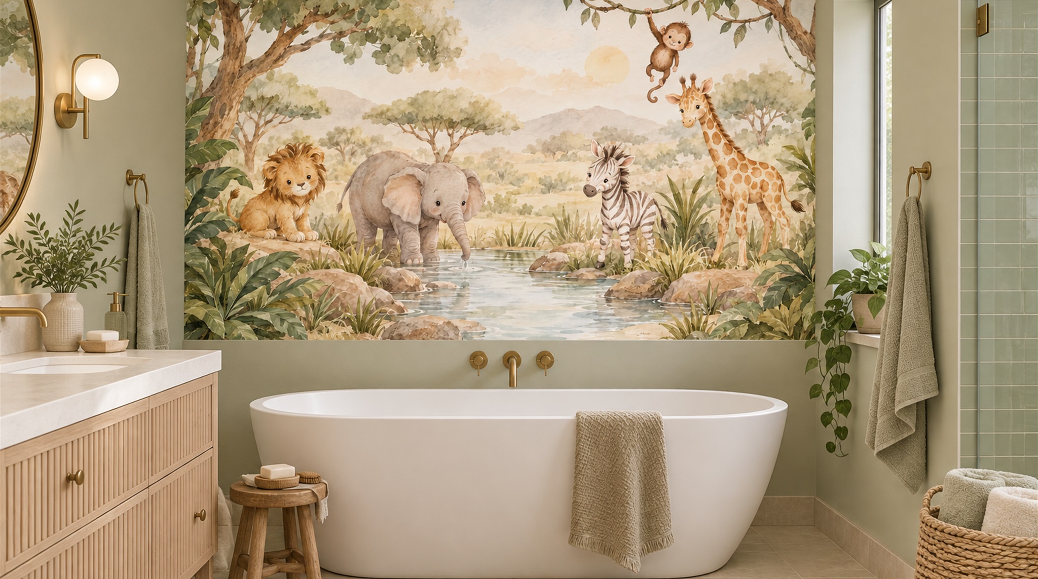 Cream And Red Decorative Patterning Safari Wallpaper Mural Bathroom-wallpaper-murals, Peel-and-stick Finish