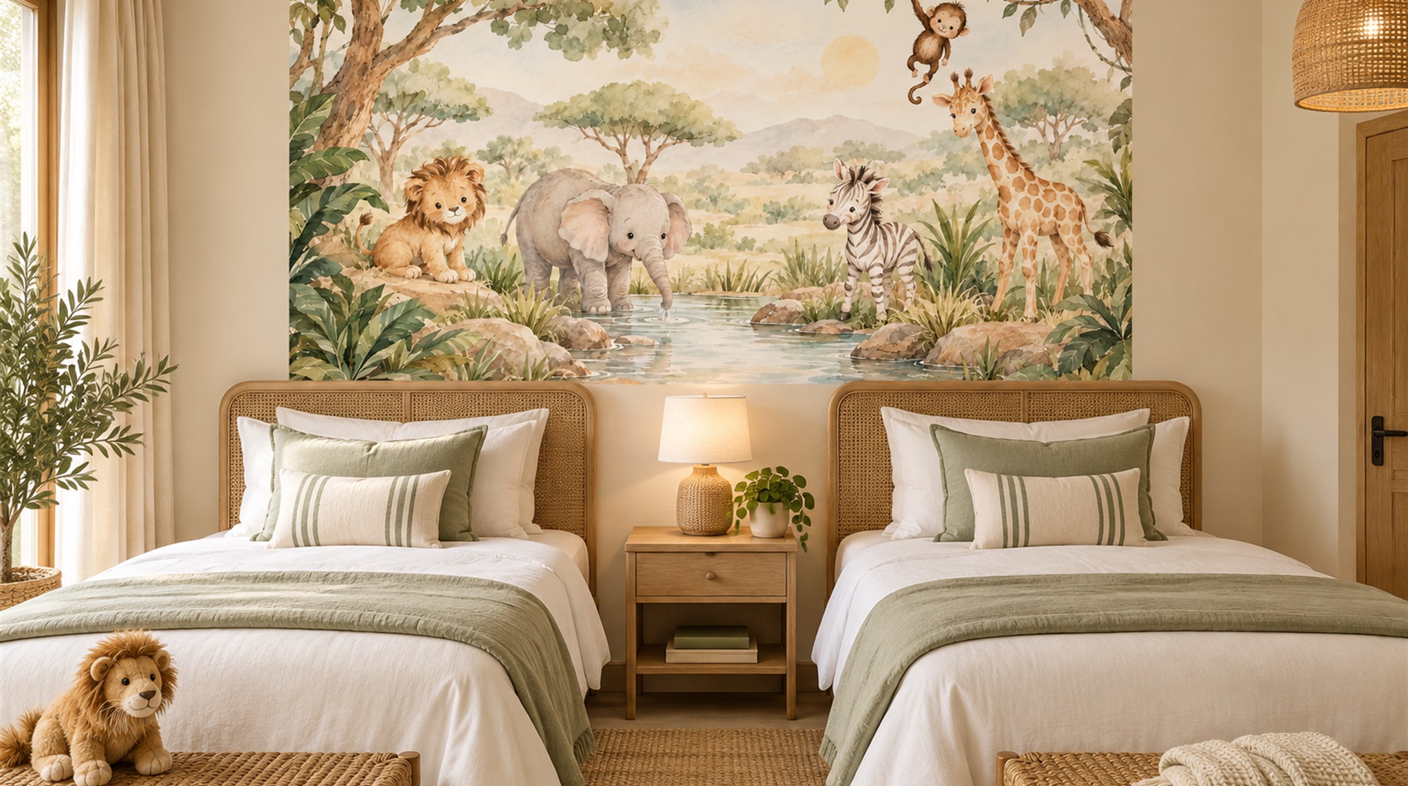 Cream And Red Decorative Patterning Safari Wallpaper Mural Accent-wall-wallpaper-murals, Peel-and-stick Finish