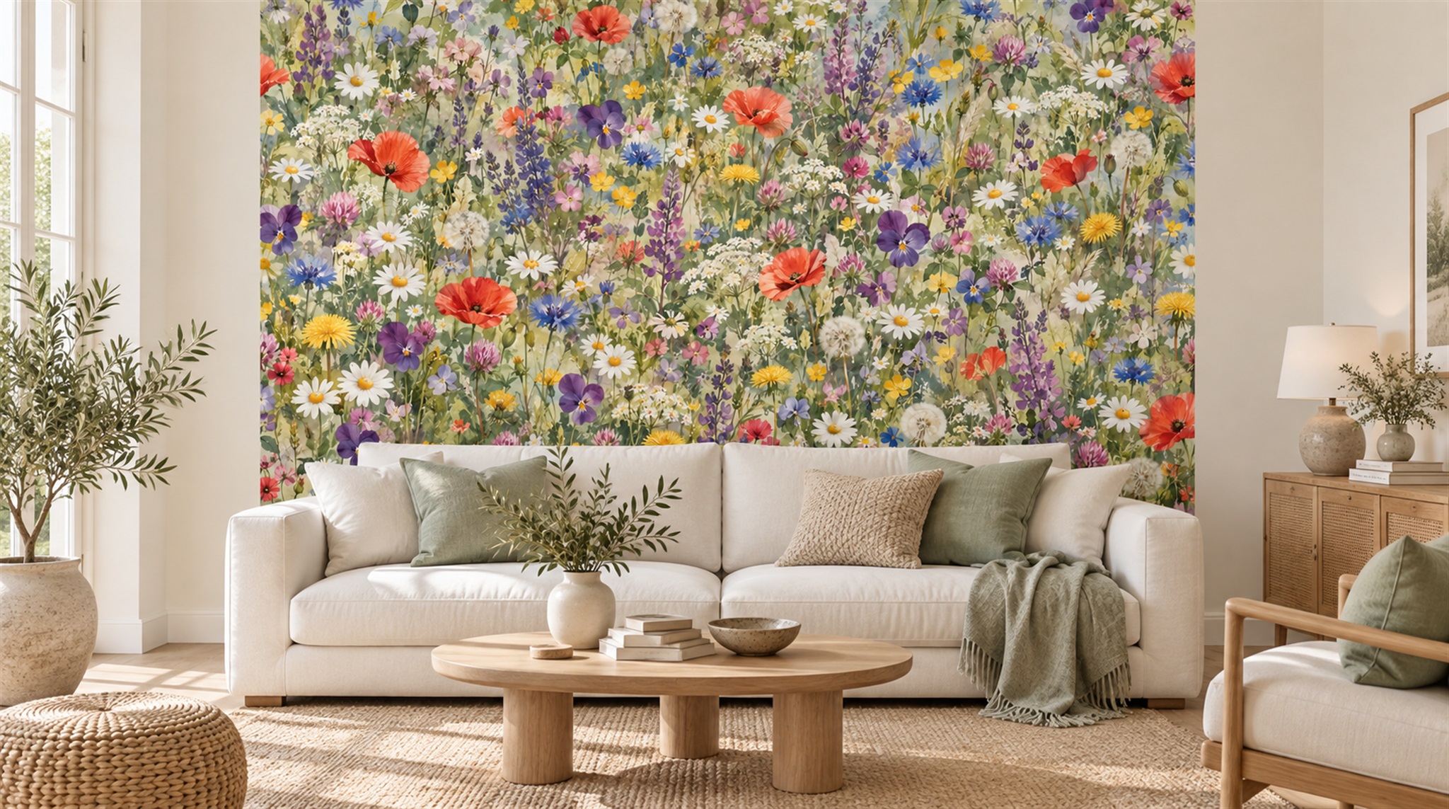 Red And Neutral Floral Forms Wallpaper Mural Living-room-wallpaper-murals, Shown In A Living Room, Peel-and-stick Finish
