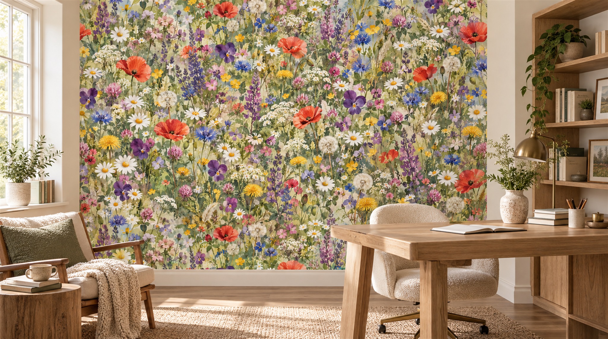 Red And Neutral Floral Forms Wallpaper Mural Office-wallpaper-murals, Shown In A Home Office, Peel-and-stick Finish