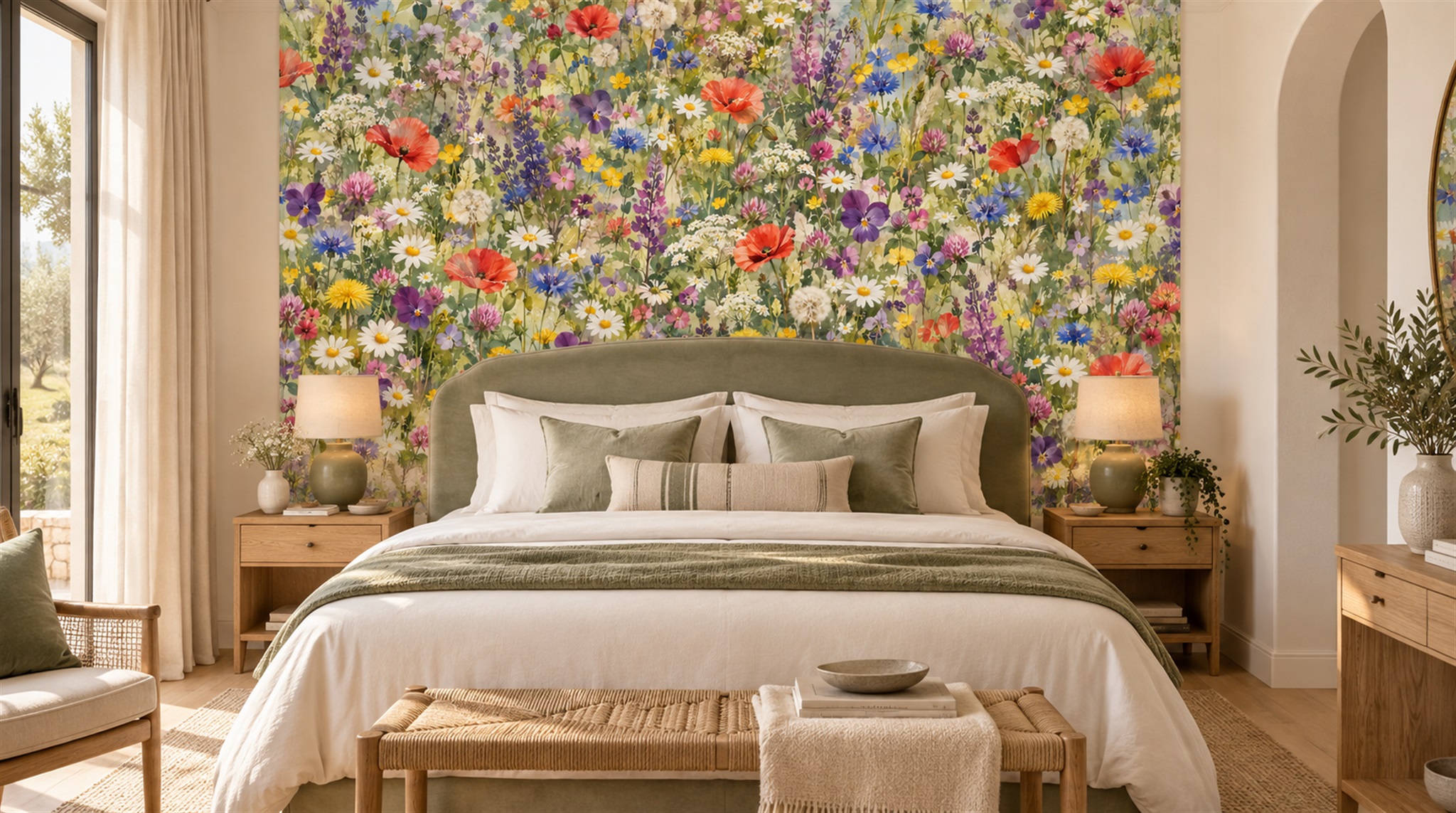 Red And Neutral Floral Forms Wallpaper Mural Accent-wall-wallpaper-murals, Peel-and-stick Finish