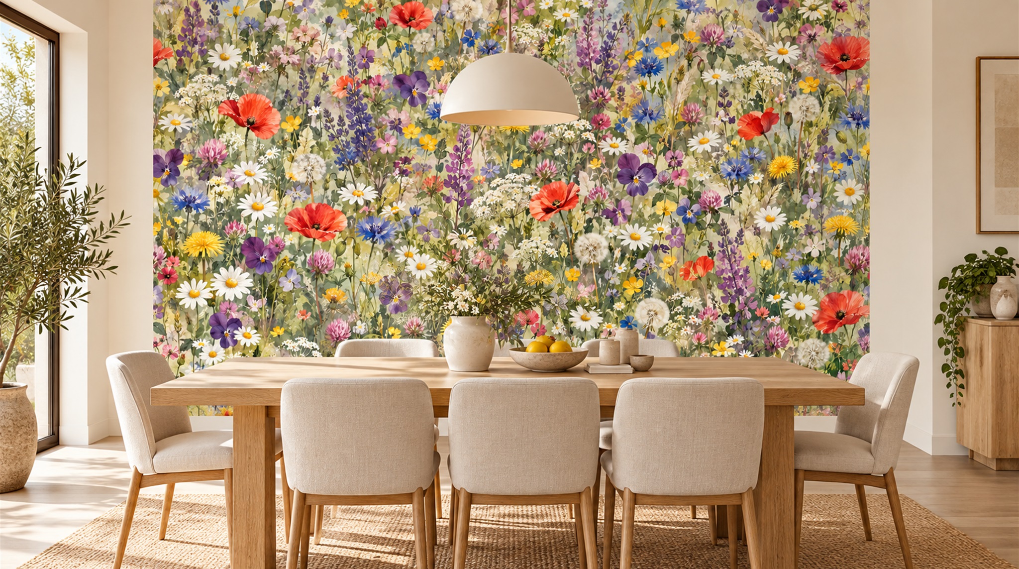 Red And Neutral Floral Forms Wallpaper Mural Dining-room-wallpaper-murals, Shown In A Dining Room, Peel-and-stick Finish