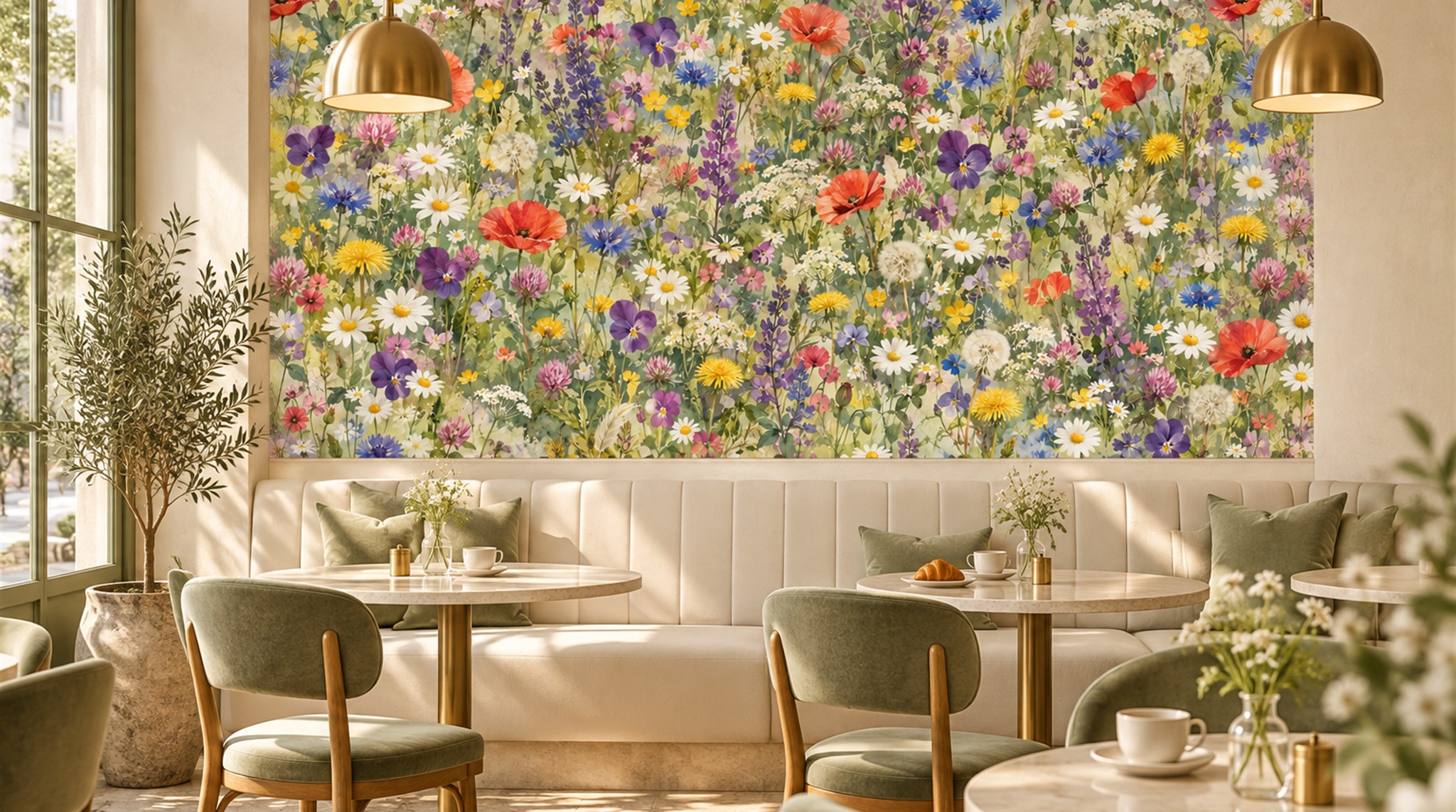 Red And Neutral Floral Forms Wallpaper Mural Cafe-wallpaper-murals, Peel-and-stick Finish