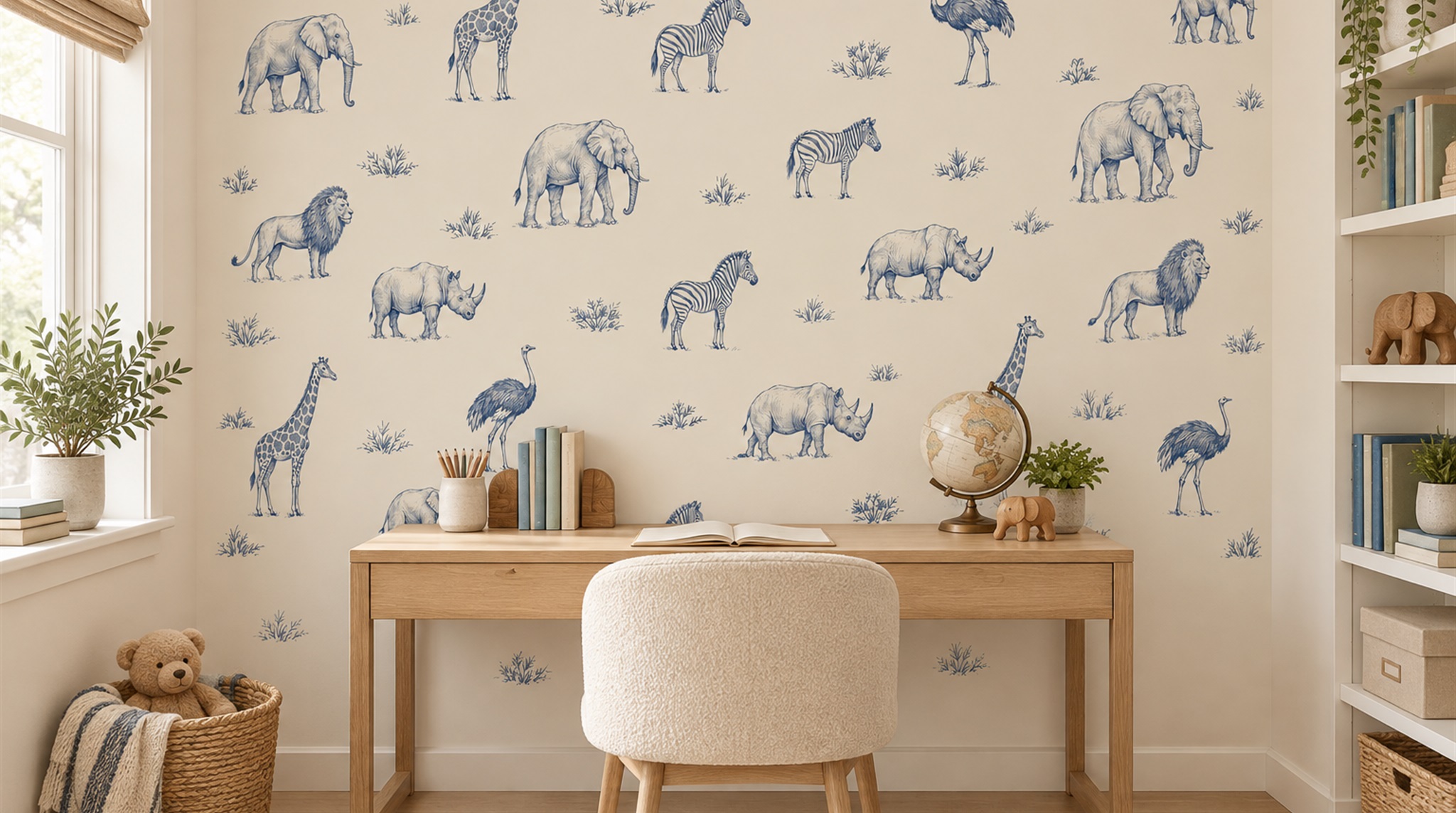Ivory And Red Animal Forms Wallpaper Mural Accent-wall-wallpaper-murals, Peel-and-stick Finish