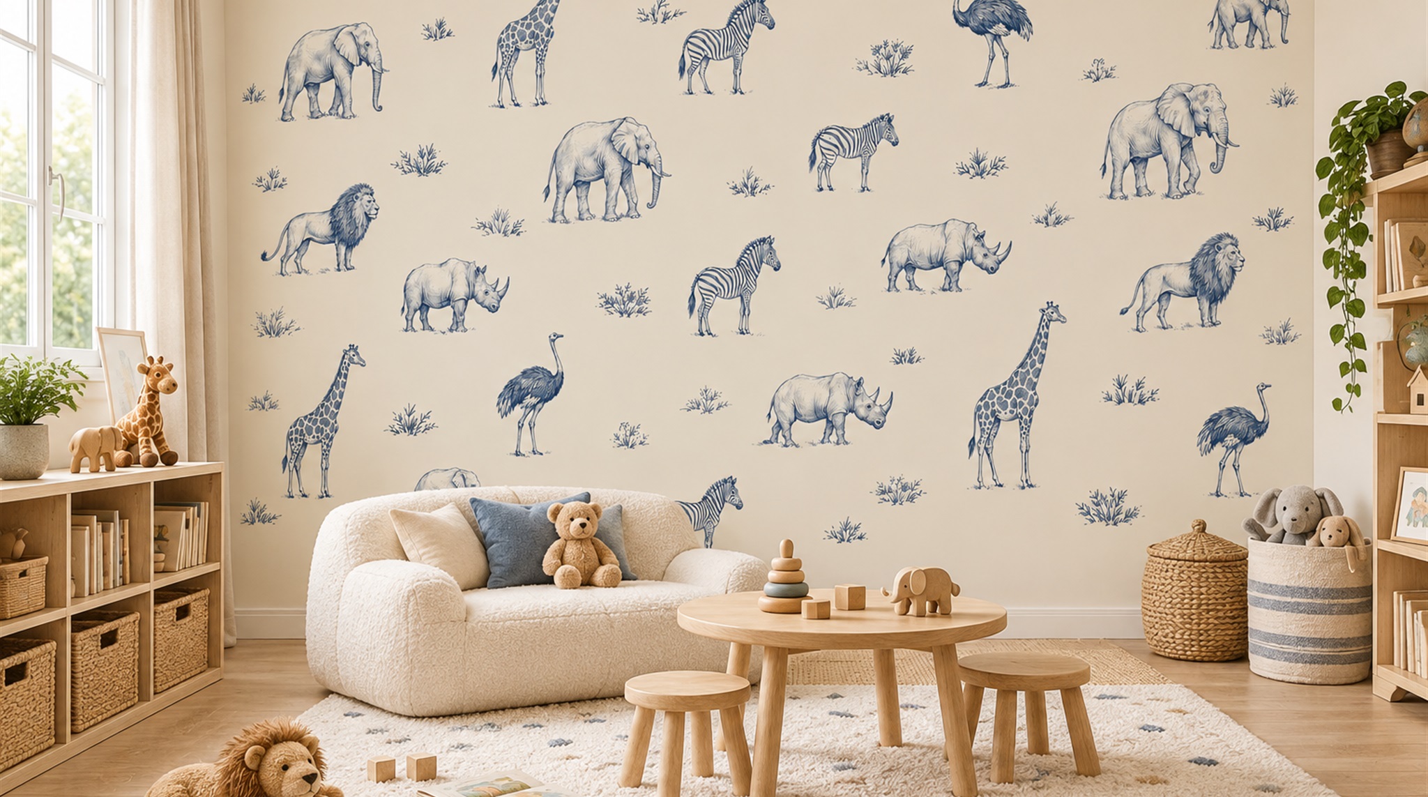 Blue Line Safari Animal Wallpaper Mural — Wallpaper Mural Design, Peel-and-stick Finish