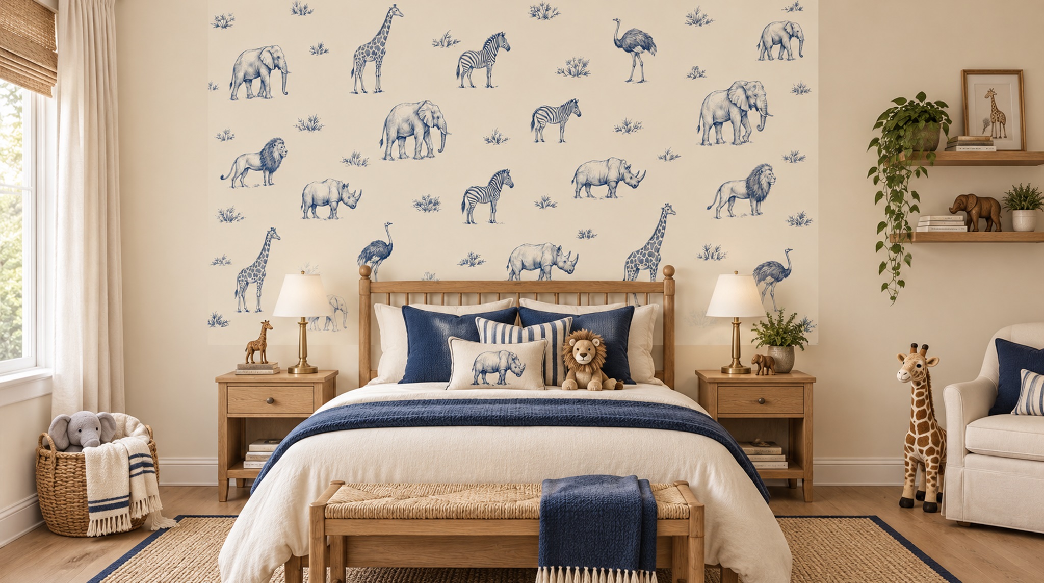 Ivory And Red Animal Forms Wallpaper Mural Kids-room-wallpaper-murals, Peel-and-stick Finish