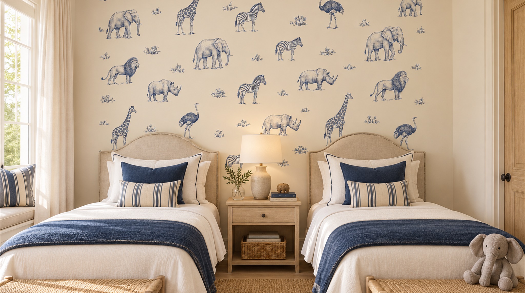 Ivory And Red Animal Forms Wallpaper Mural Family-room-wallpaper-murals, Peel-and-stick Finish