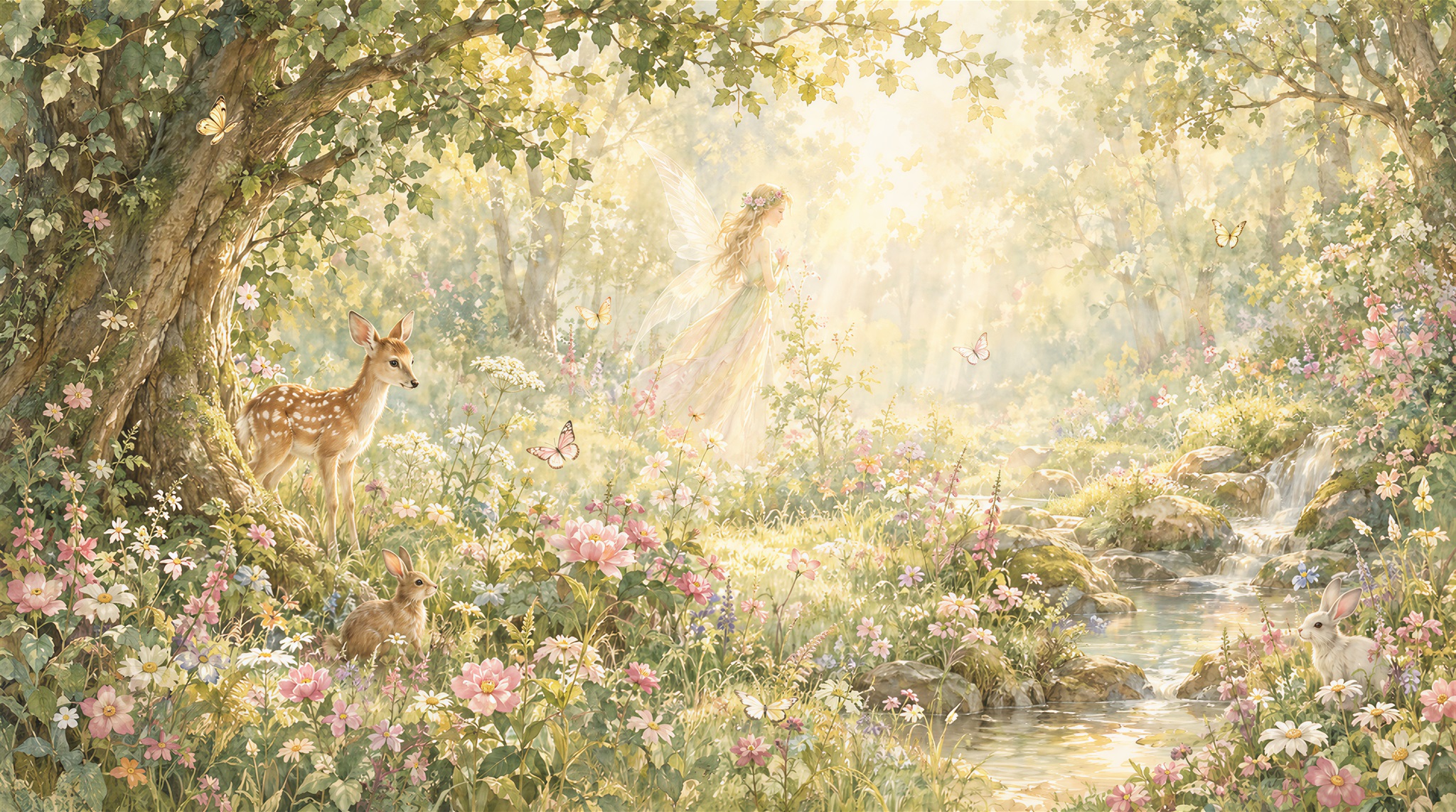Deer And Wildflowers In A Sunlit Woodland Wallpaper Mural — Wallpaper Mural Design, Peel-and-stick Finish