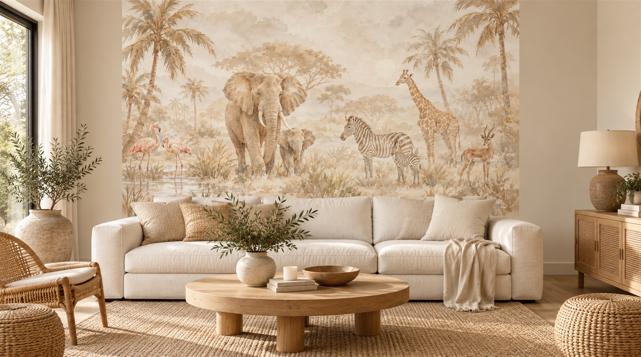 Beige And Red Decorative Patterning Wallpaper Mural Living-room-wallpaper-murals, Shown In A Living Room, Peel-and-stick Finish