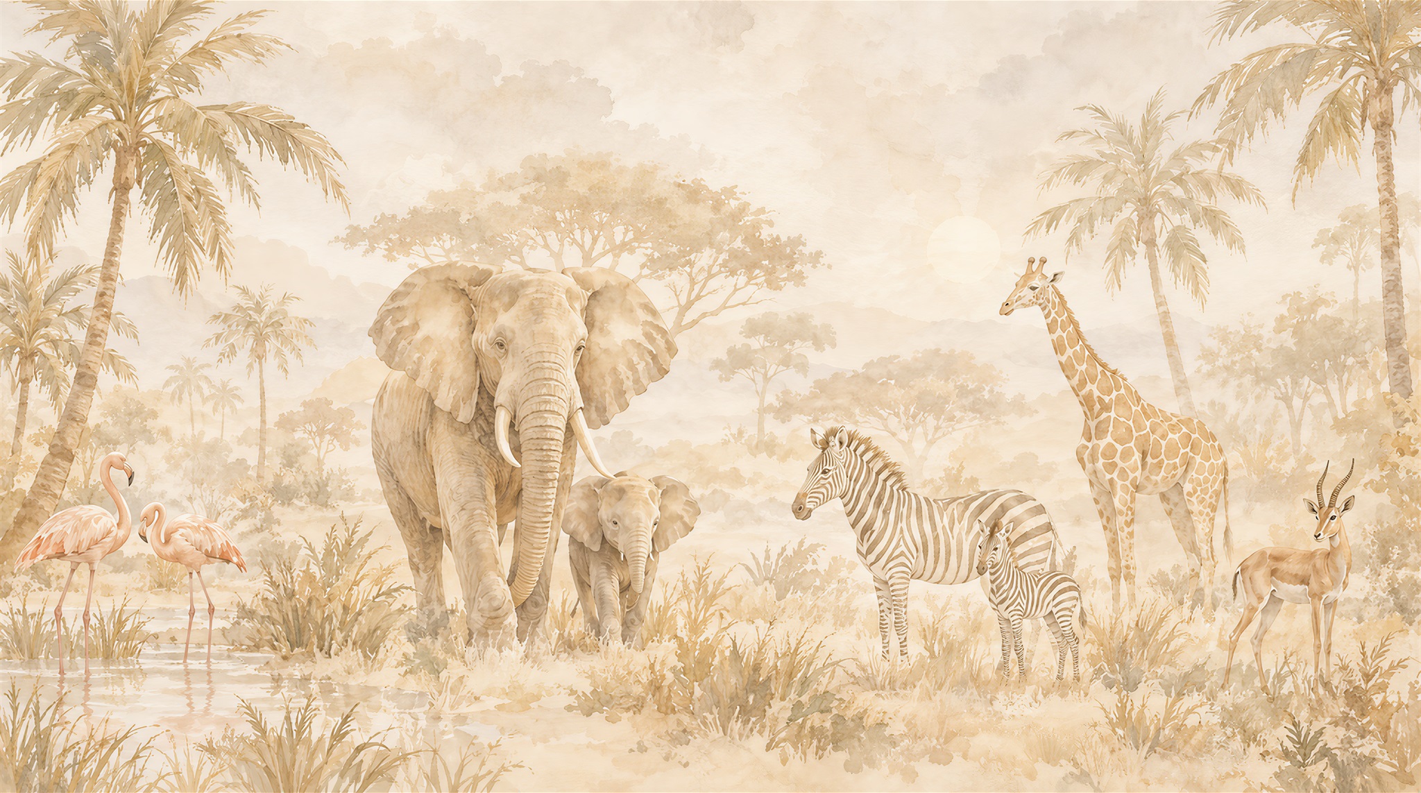Sepia Safari Elephants And Giraffes Wallpaper Mural — Wallpaper Mural Design, Peel-and-stick Finish