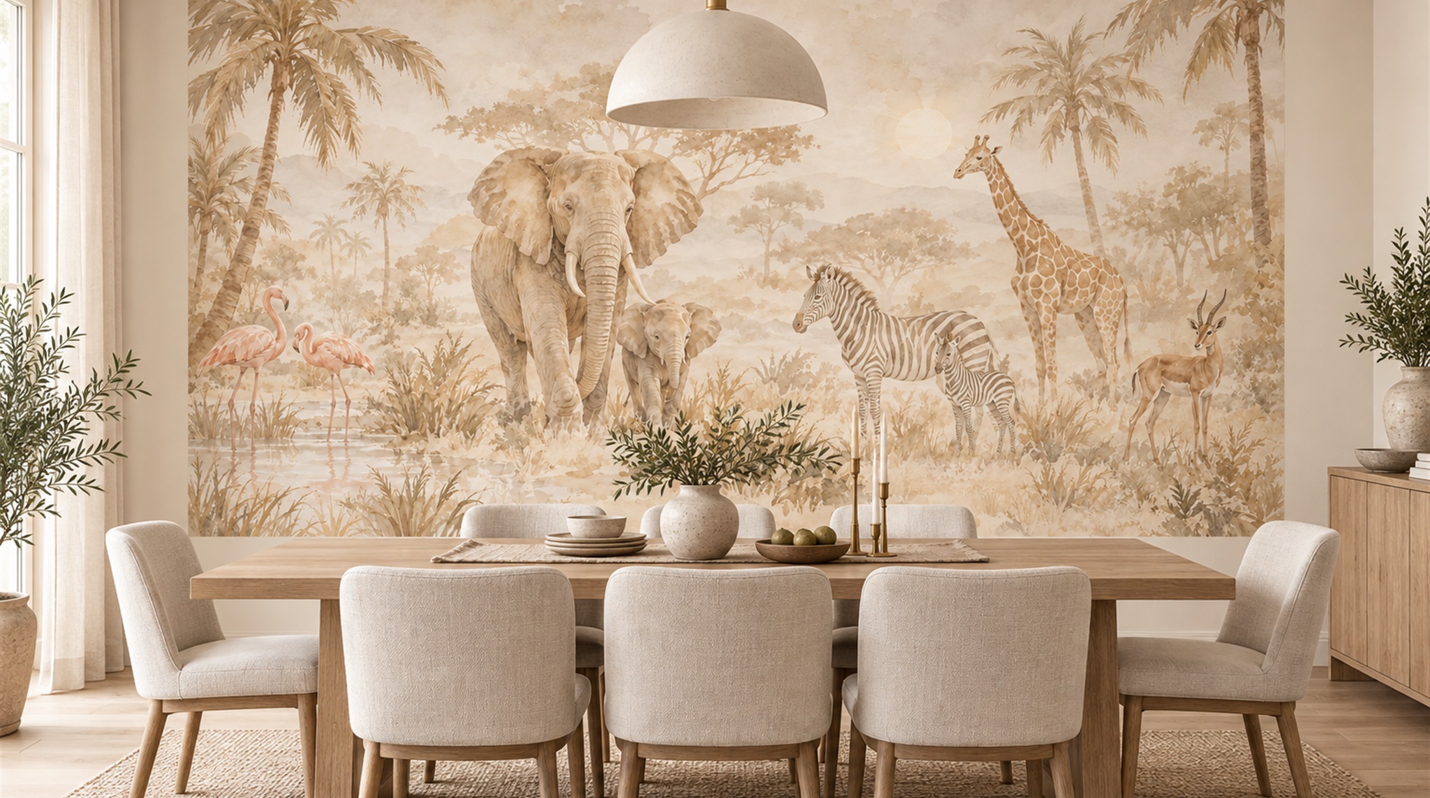 Beige And Red Decorative Patterning Wallpaper Mural Dining-room-wallpaper-murals, Shown In A Dining Room, Peel-and-stick Finish