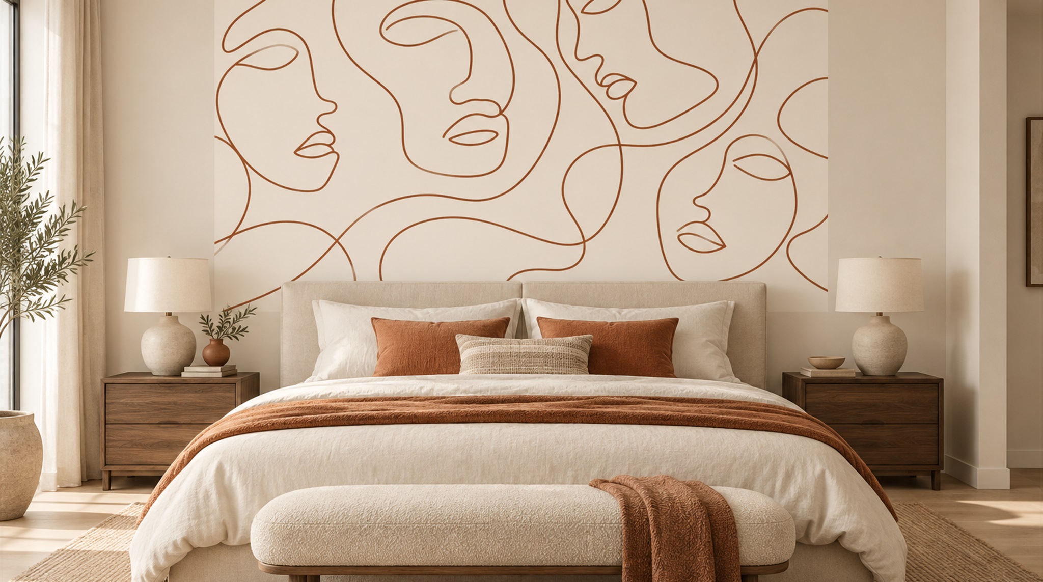 Ivory And Red Linear Movement Wallpaper Mural Bedroom-wallpaper-murals, Peel-and-stick Finish