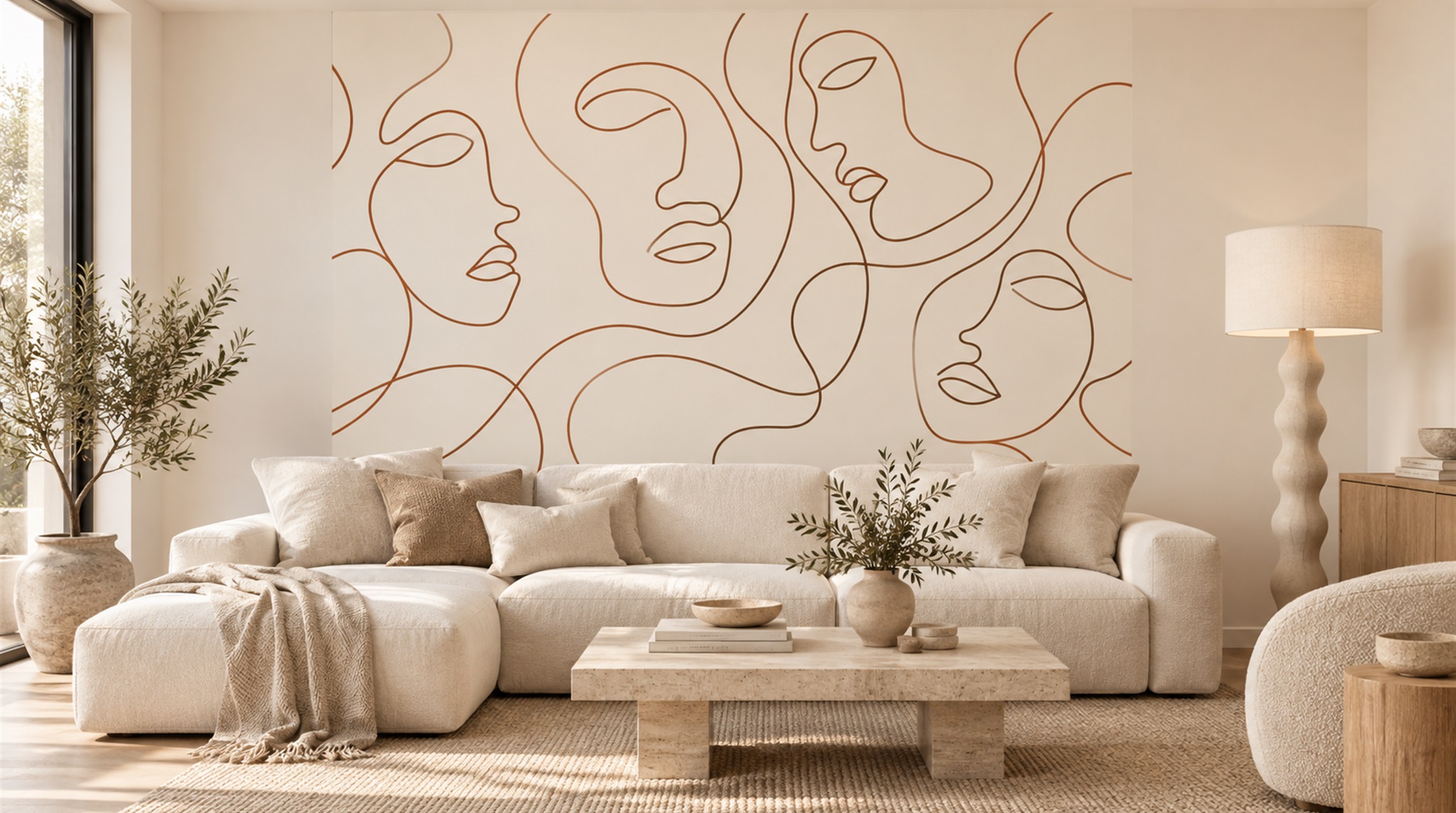 Ivory And Red Linear Movement Wallpaper Mural Living-room-wallpaper-murals, Peel-and-stick Finish