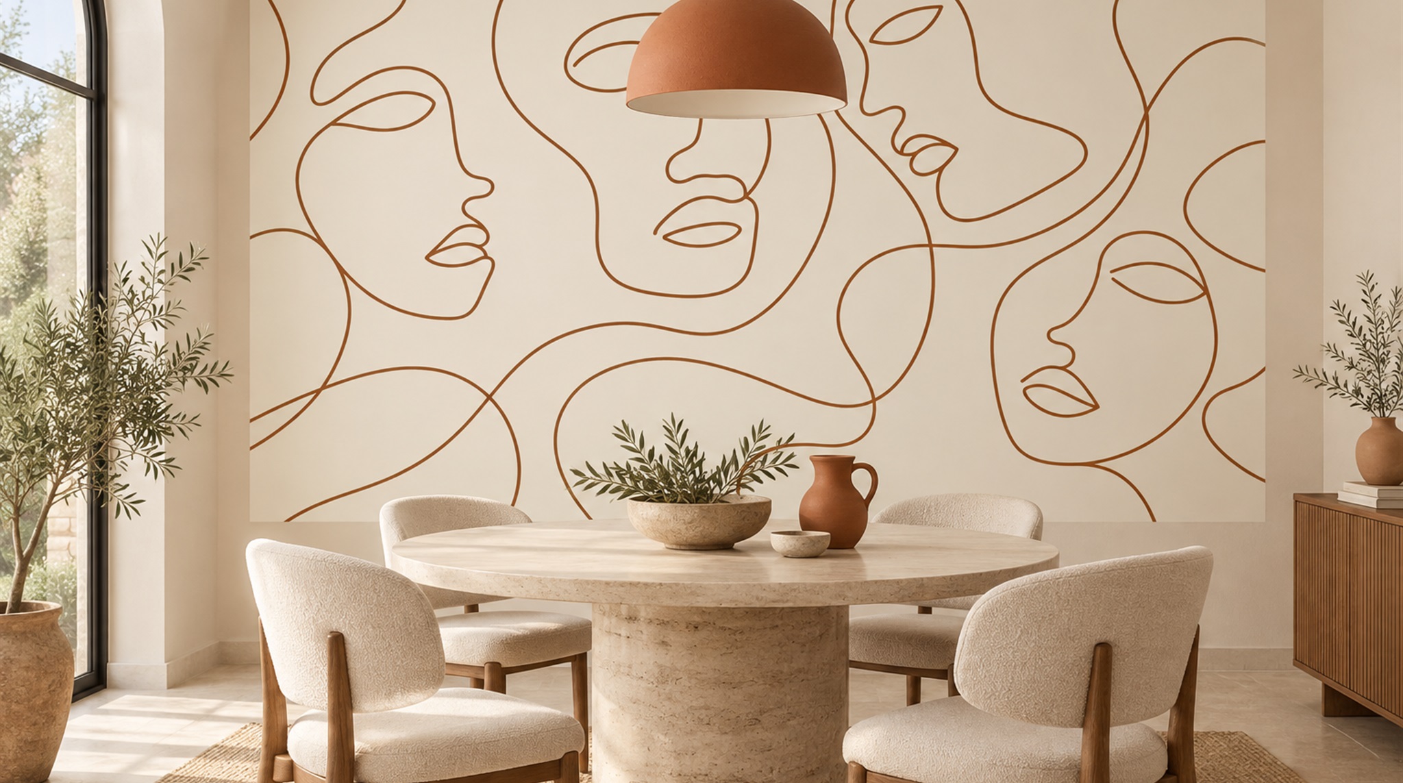 Ivory And Red Linear Movement Wallpaper Mural Dining-room-wallpaper-murals, Shown In A Dining Room, Peel-and-stick Finish