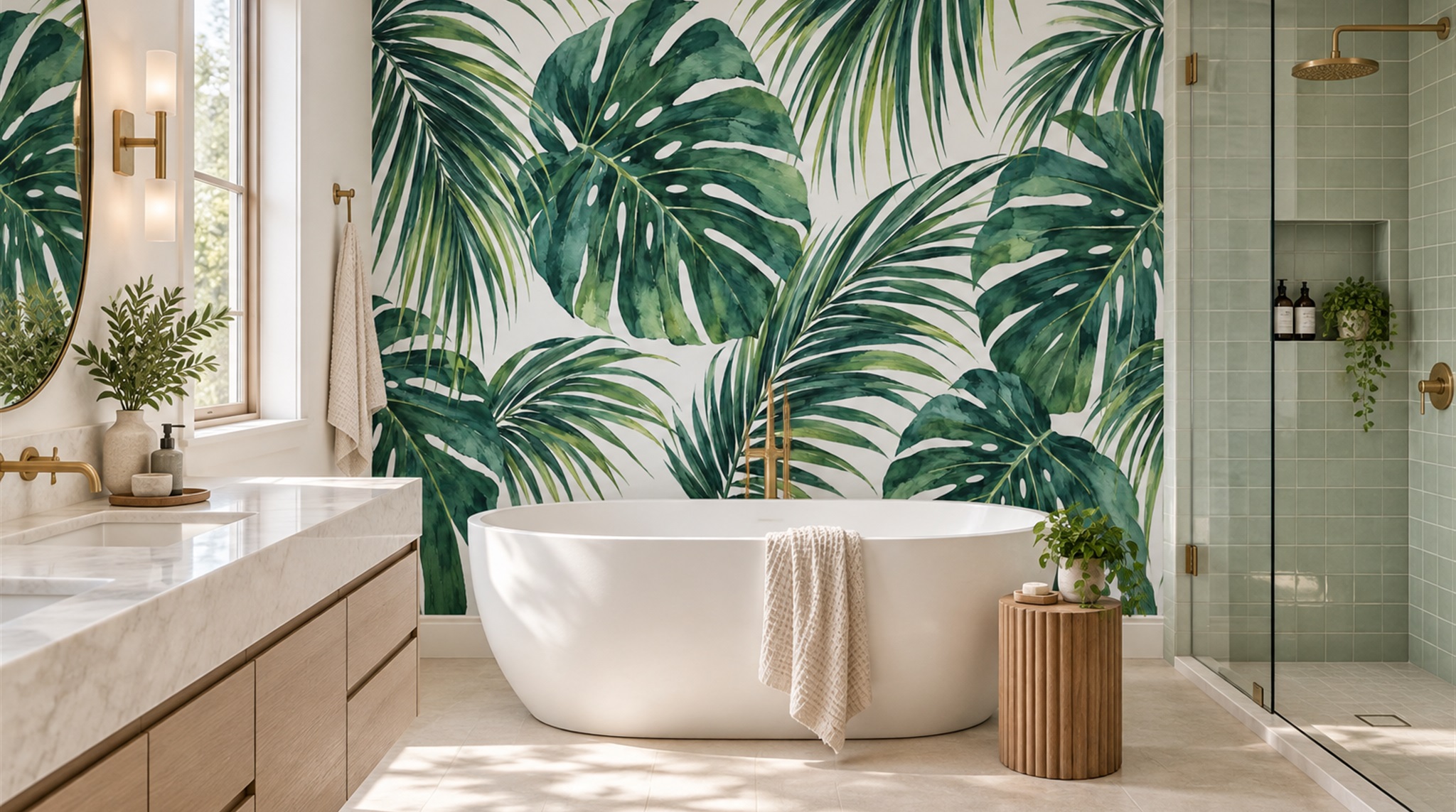 Red And Green Palm Leaves Wallpaper Mural Bathroom-wallpaper-murals, Peel-and-stick Finish