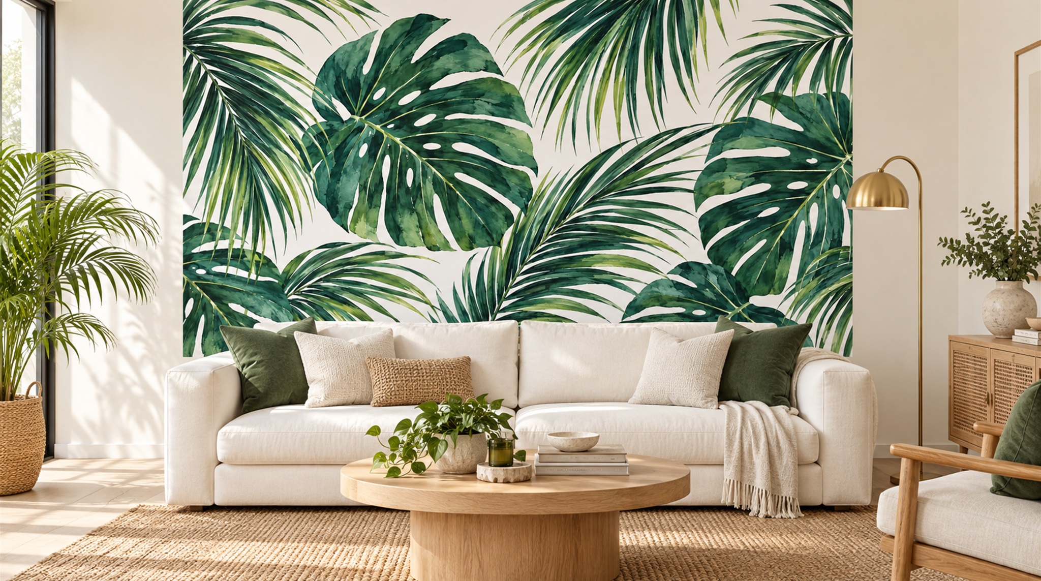 Red And Green Palm Leaves Wallpaper Mural Living-room-wallpaper-murals, Shown In A Living Room, Peel-and-stick Finish