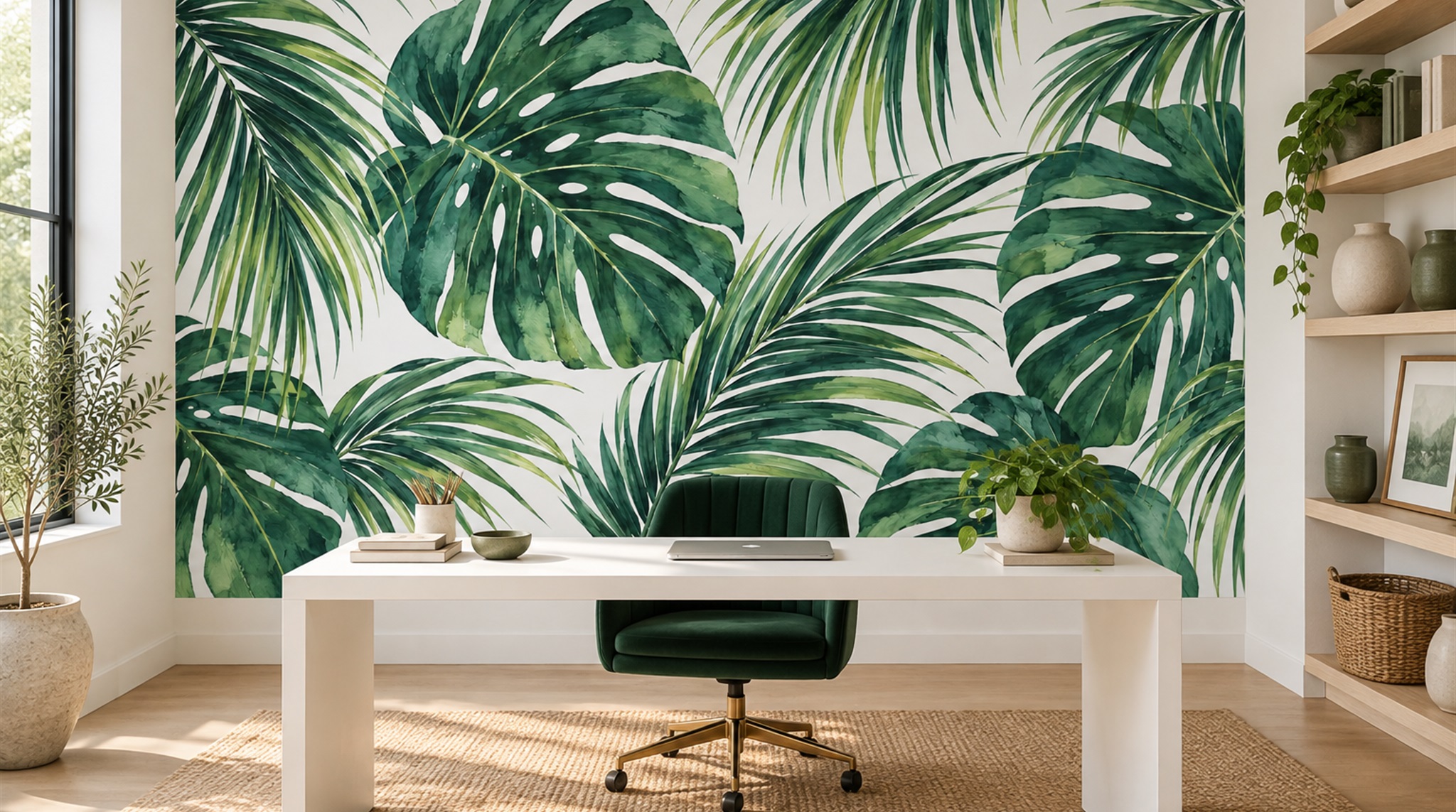Red And Green Palm Leaves Wallpaper Mural Office-wallpaper-murals, Shown In A Home Office, Peel-and-stick Finish