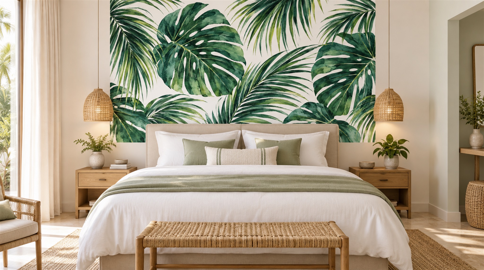 Red And Green Palm Leaves Wallpaper Mural Accent-wall-wallpaper-murals, Peel-and-stick Finish