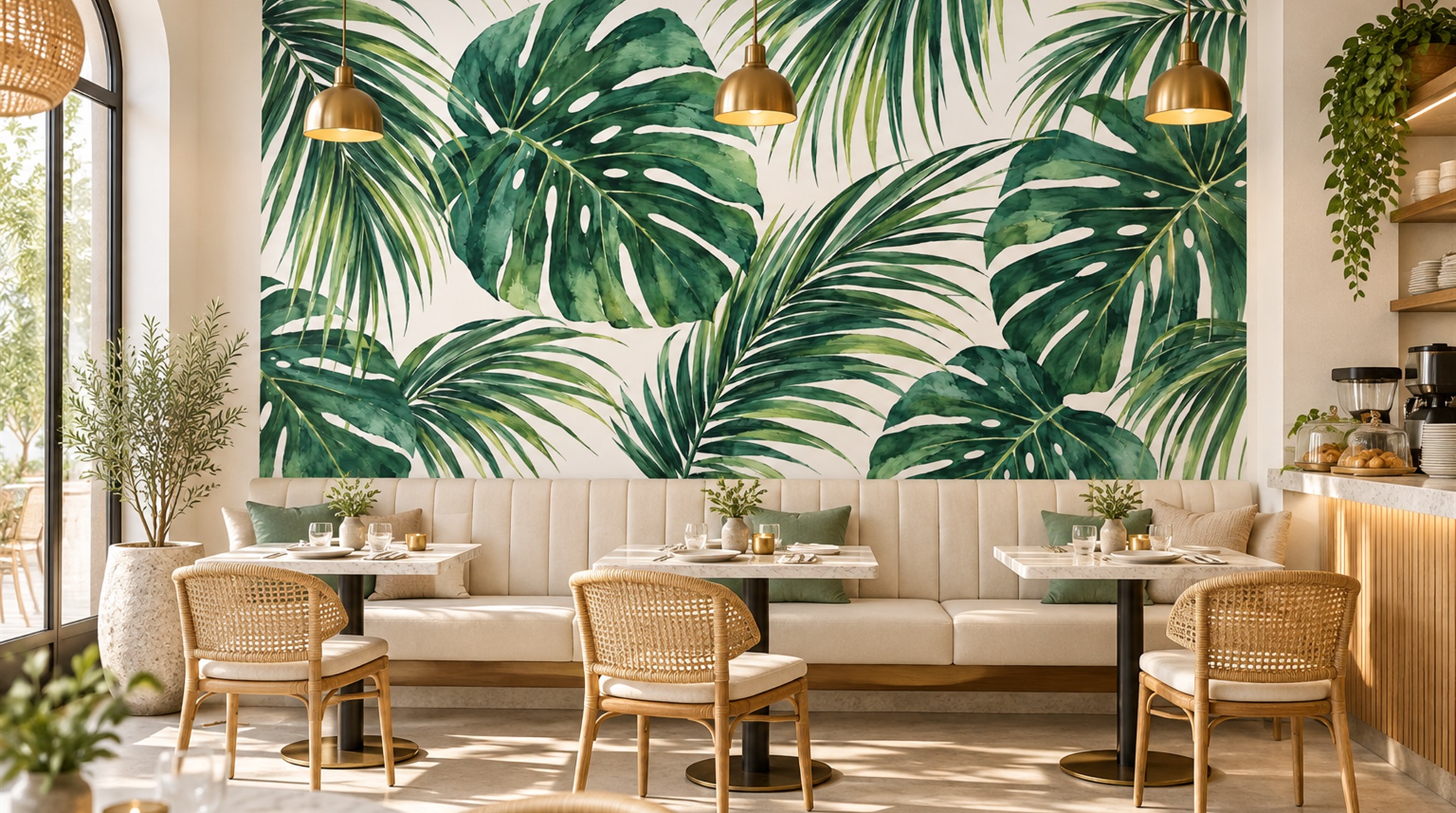 Red And Green Palm Leaves Wallpaper Mural Cafe-wallpaper-murals, Peel-and-stick Finish
