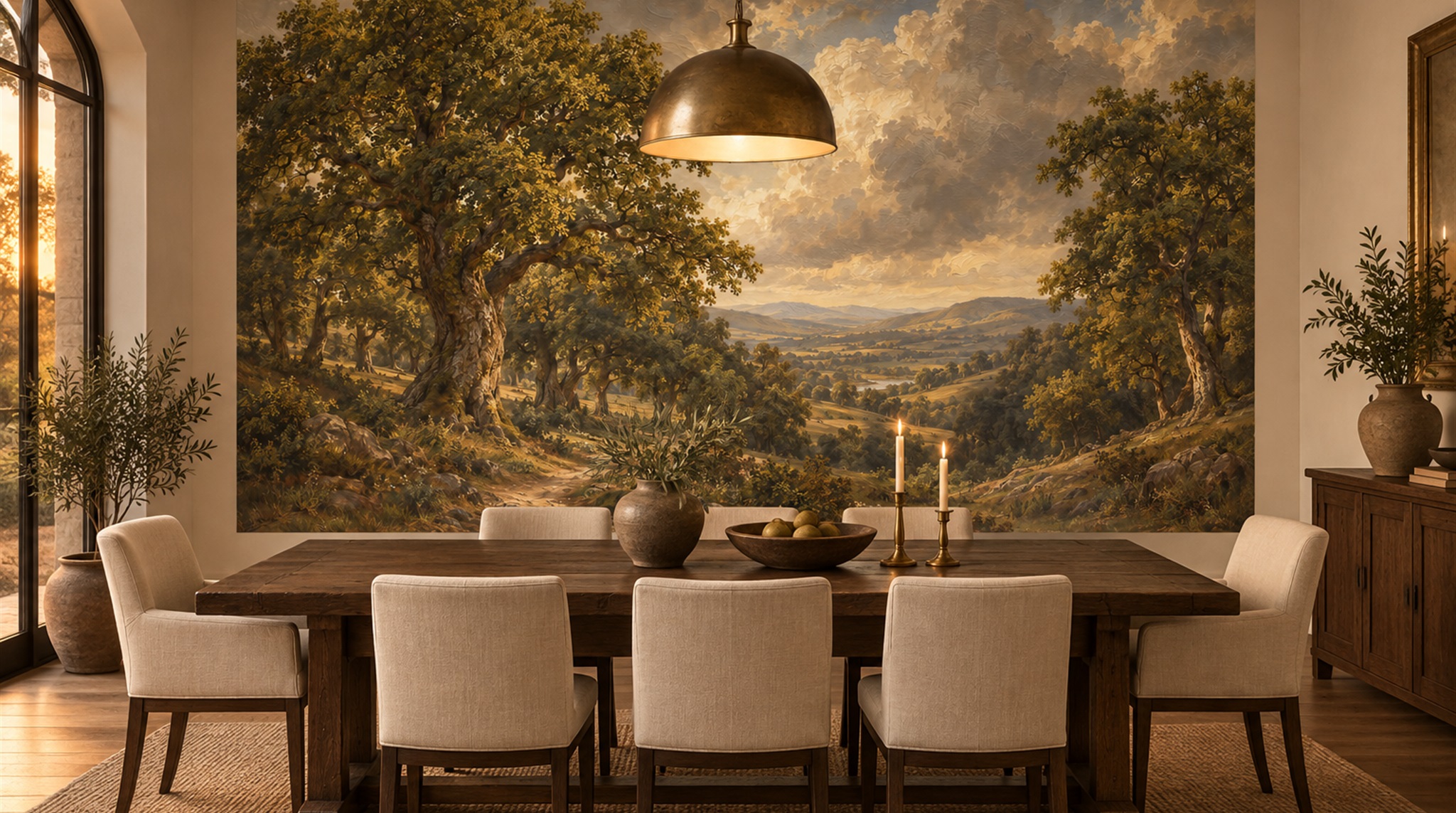 Red And Neutral A Painterly Scenic View Dining-room-wallpaper-murals, Shown In A Dining Room, Peel-and-stick Finish