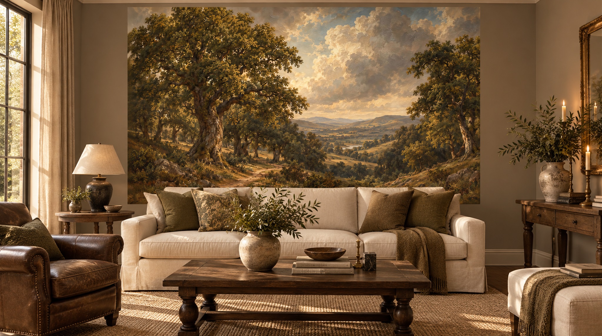 Red And Neutral A Painterly Scenic View Living-room-wallpaper-murals, Shown In A Living Room, Peel-and-stick Finish