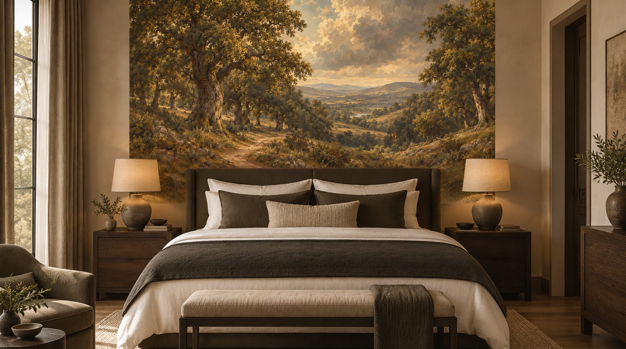 Red And Neutral A Painterly Scenic View, Peel-and-stick Finish
