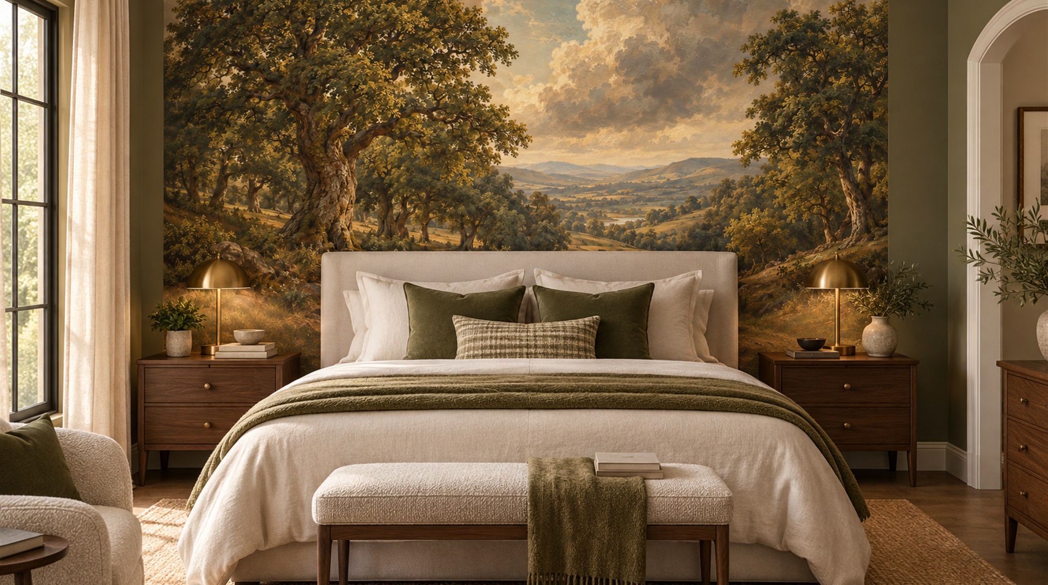 Red And Neutral A Painterly Scenic View Bedroom-wallpaper-murals, Peel-and-stick Finish