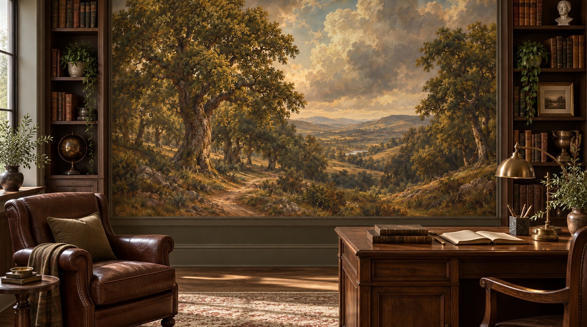 Red And Neutral A Painterly Scenic View Library-wallpaper-murals, Peel-and-stick Finish