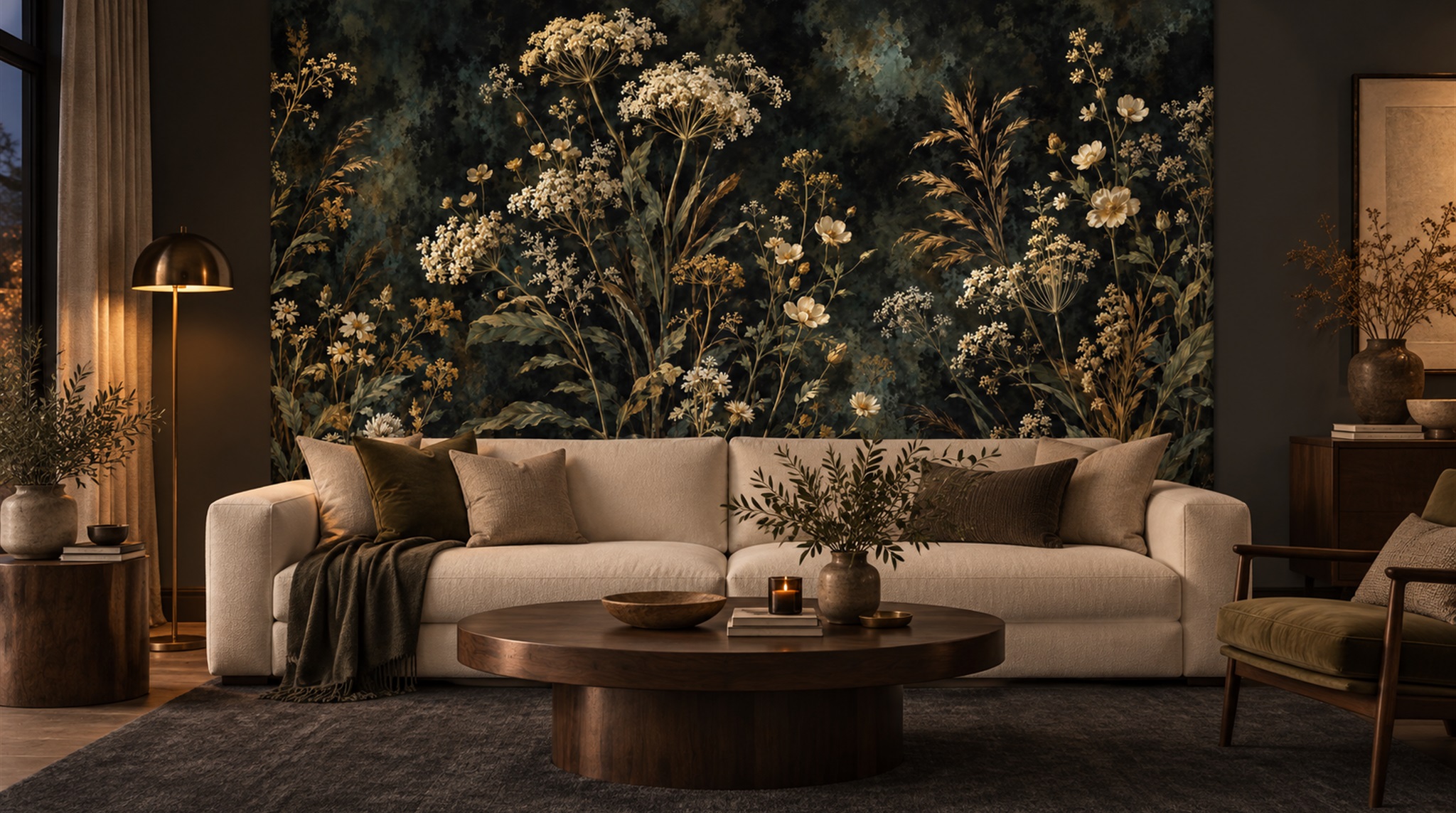 Red And Neutral Leaf Patterning Wallpaper Mural Living-room-wallpaper-murals, Shown In A Living Room, Peel-and-stick Finish