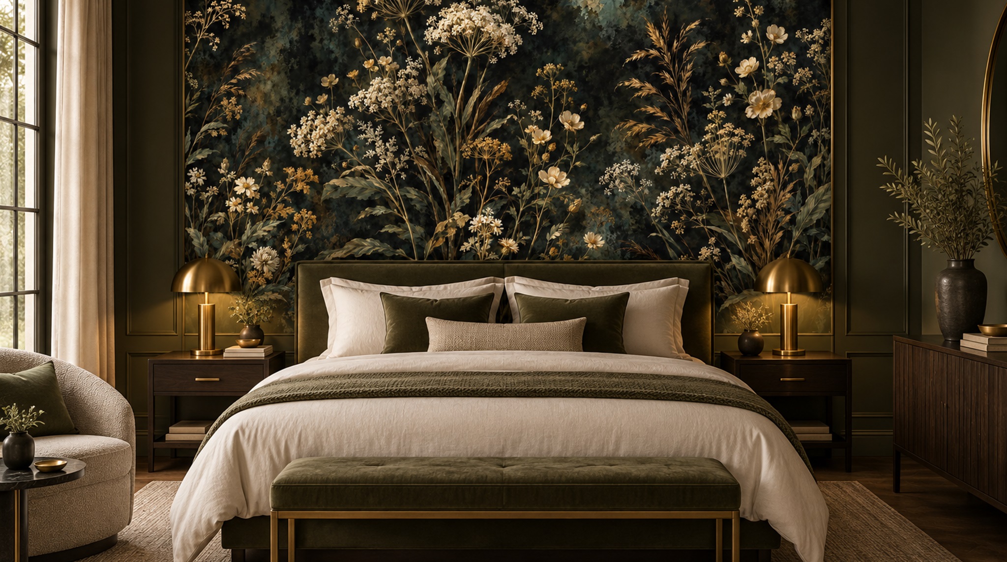 Red And Neutral Leaf Patterning Wallpaper Mural Accent-wall-wallpaper-murals, Peel-and-stick Finish