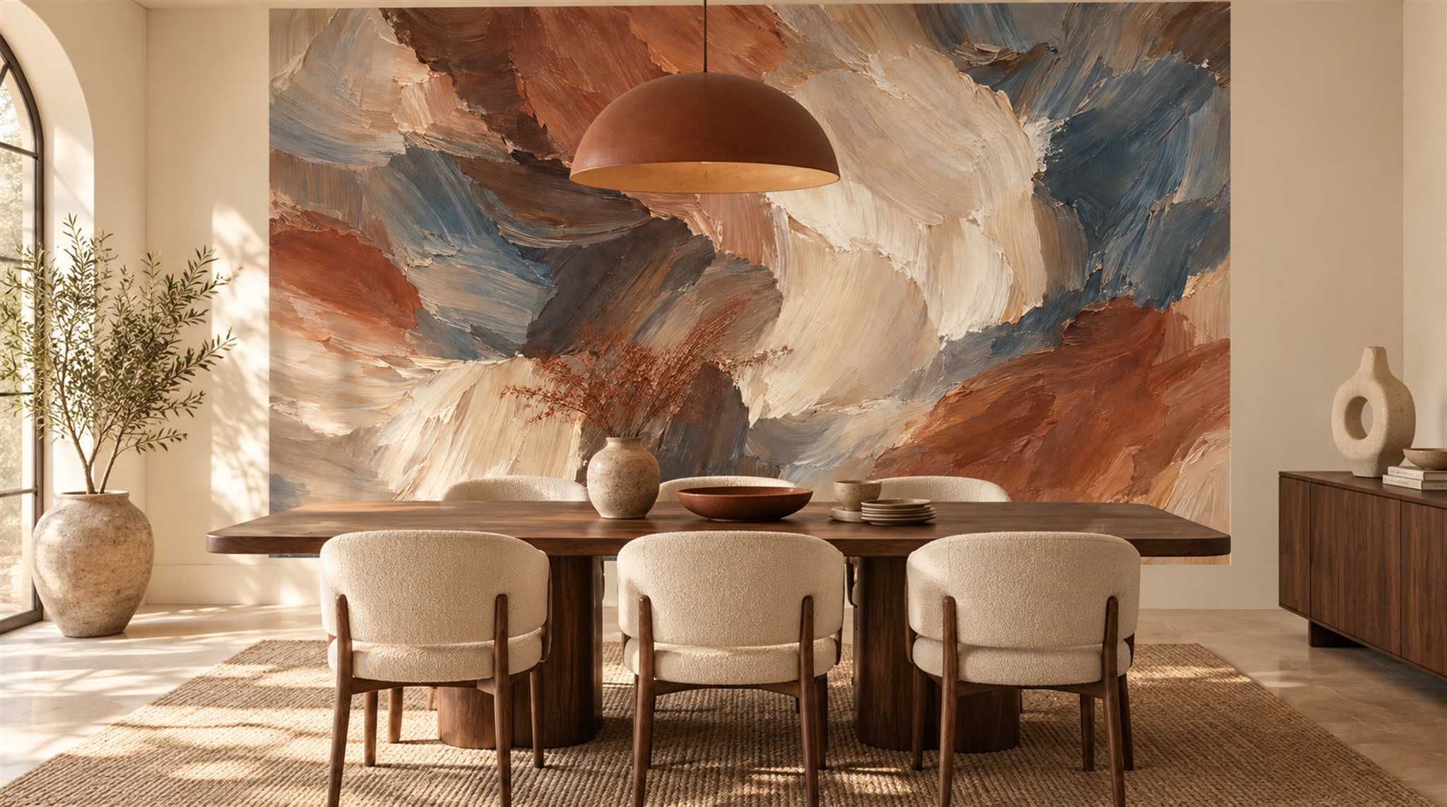 Red And Neutral Decorative Patterning Textured Wallpaper Mural Dining-room-wallpaper-murals, Shown In A Dining Room, Peel-and-stick Finish