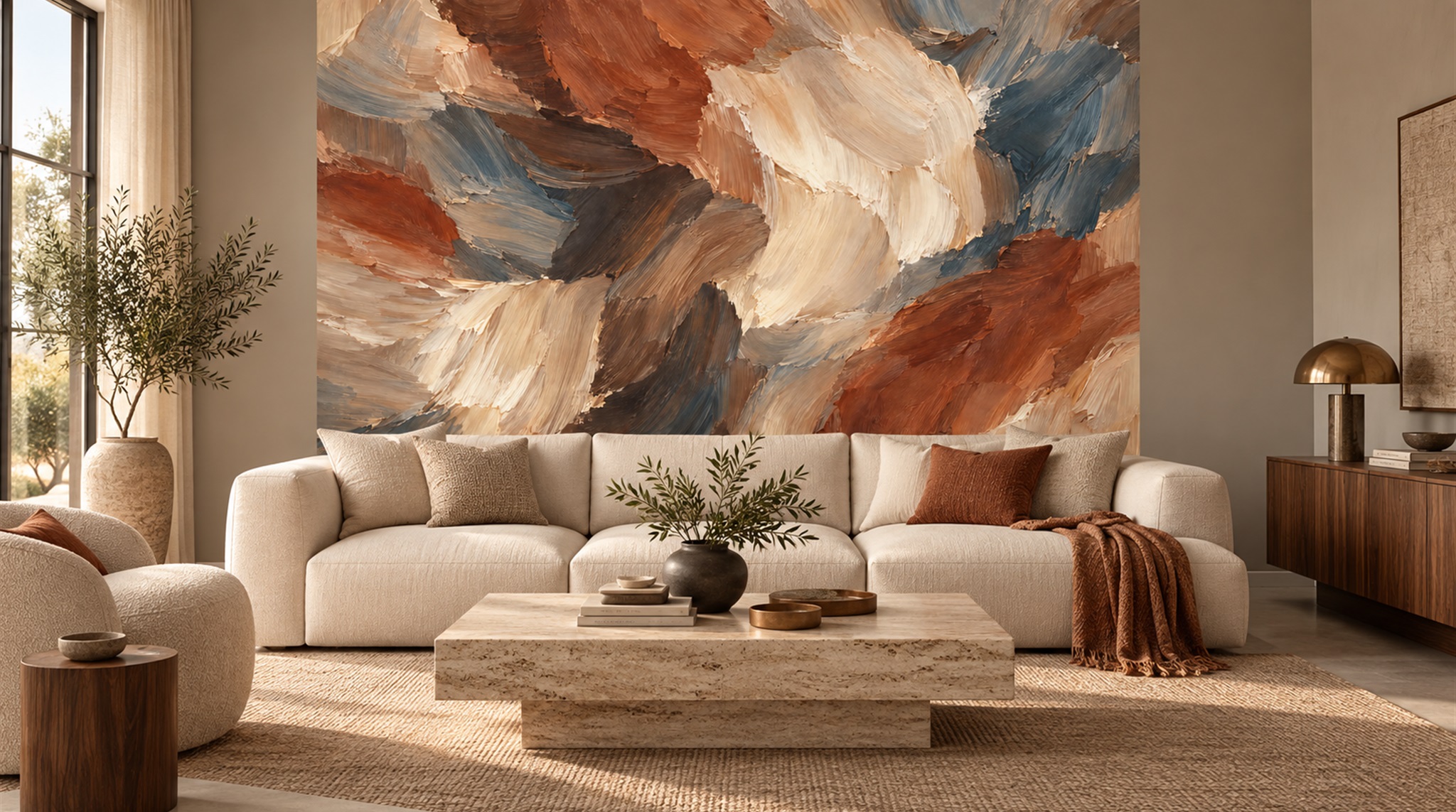 Rust And Cream Abstract Brushstroke Wallpaper Mural — Wallpaper Mural Design, Peel-and-stick Finish