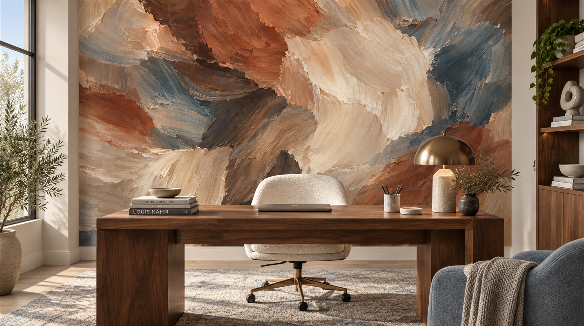 Red And Neutral Decorative Patterning Textured Wallpaper Mural Office-wallpaper-murals, Shown In A Home Office, Peel-and-stick Finish