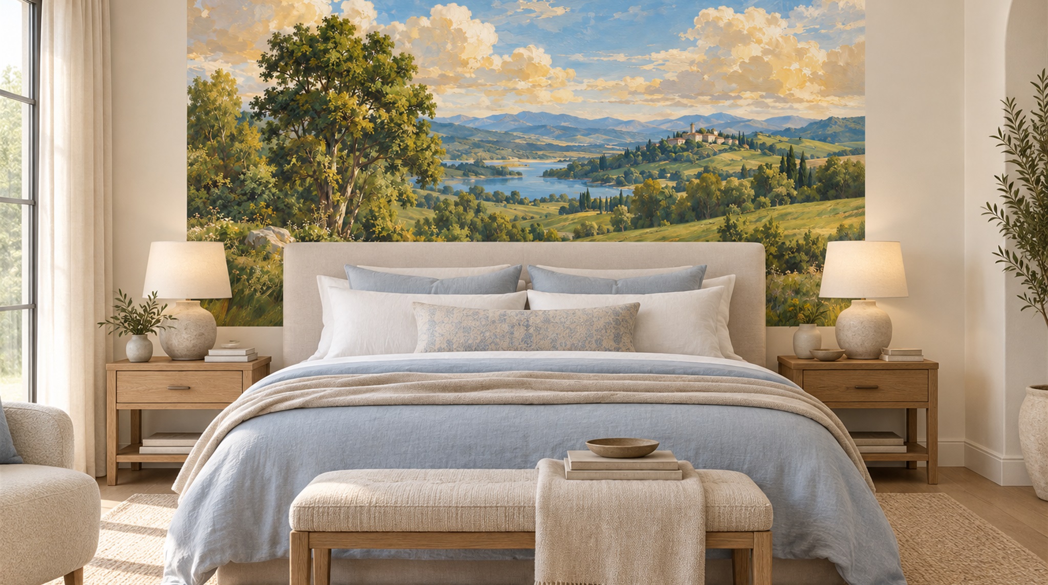 Red And Blue A Painterly Scenic View Wallpaper Mural Bedroom-wallpaper-murals, Peel-and-stick Finish