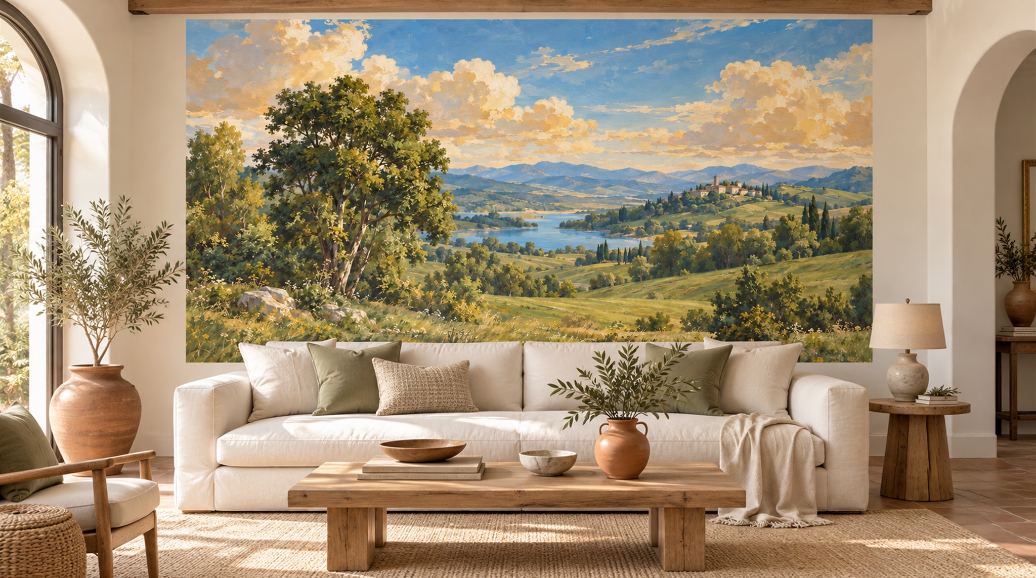 Red And Blue A Painterly Scenic View Wallpaper Mural Living-room-wallpaper-murals, Peel-and-stick Finish
