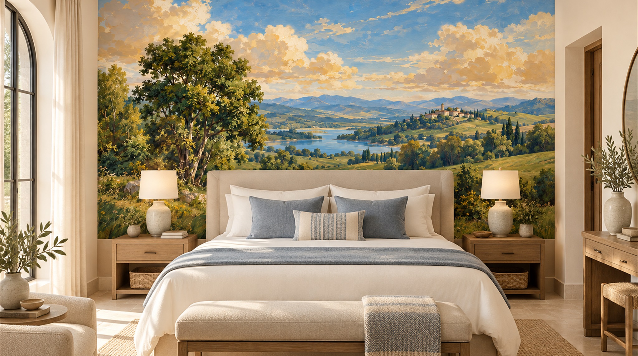 Red And Blue A Painterly Scenic View Wallpaper Mural Accent-wall-wallpaper-murals, Peel-and-stick Finish