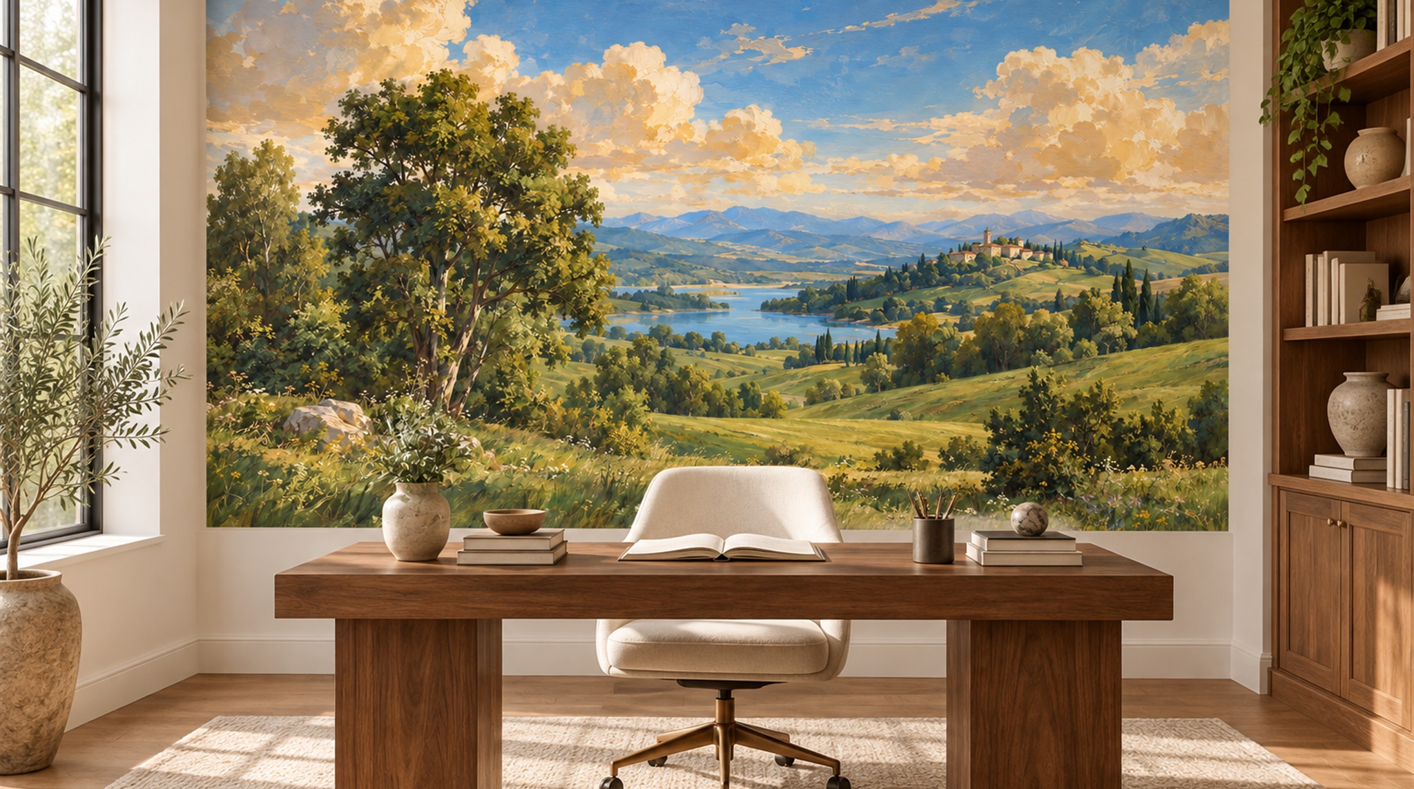 Red And Blue A Painterly Scenic View Wallpaper Mural Office-wallpaper-murals, Shown In A Home Office, Peel-and-stick Finish