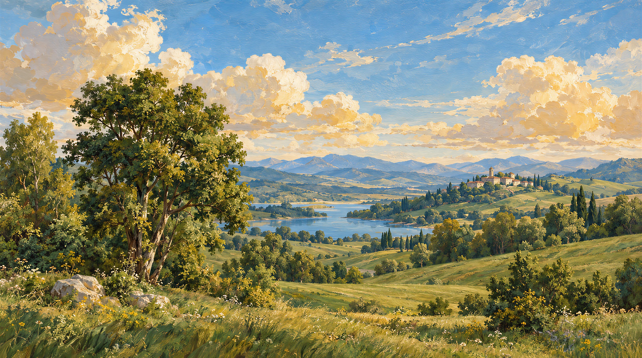 Red And Blue A Painterly Scenic View Wallpaper Mural Accent-wall-wallpaper-murals, Peel-and-stick Finish