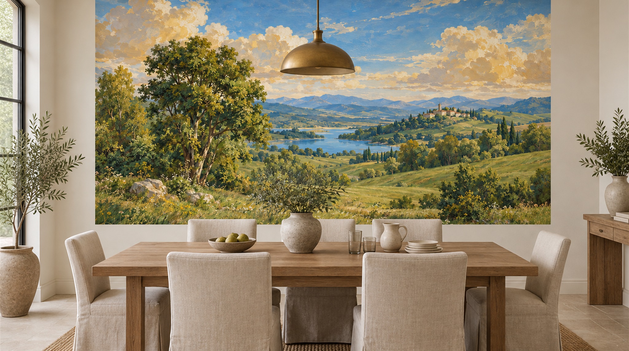 Red And Blue A Painterly Scenic View Wallpaper Mural Accent-wall-wallpaper-murals, Peel-and-stick Finish