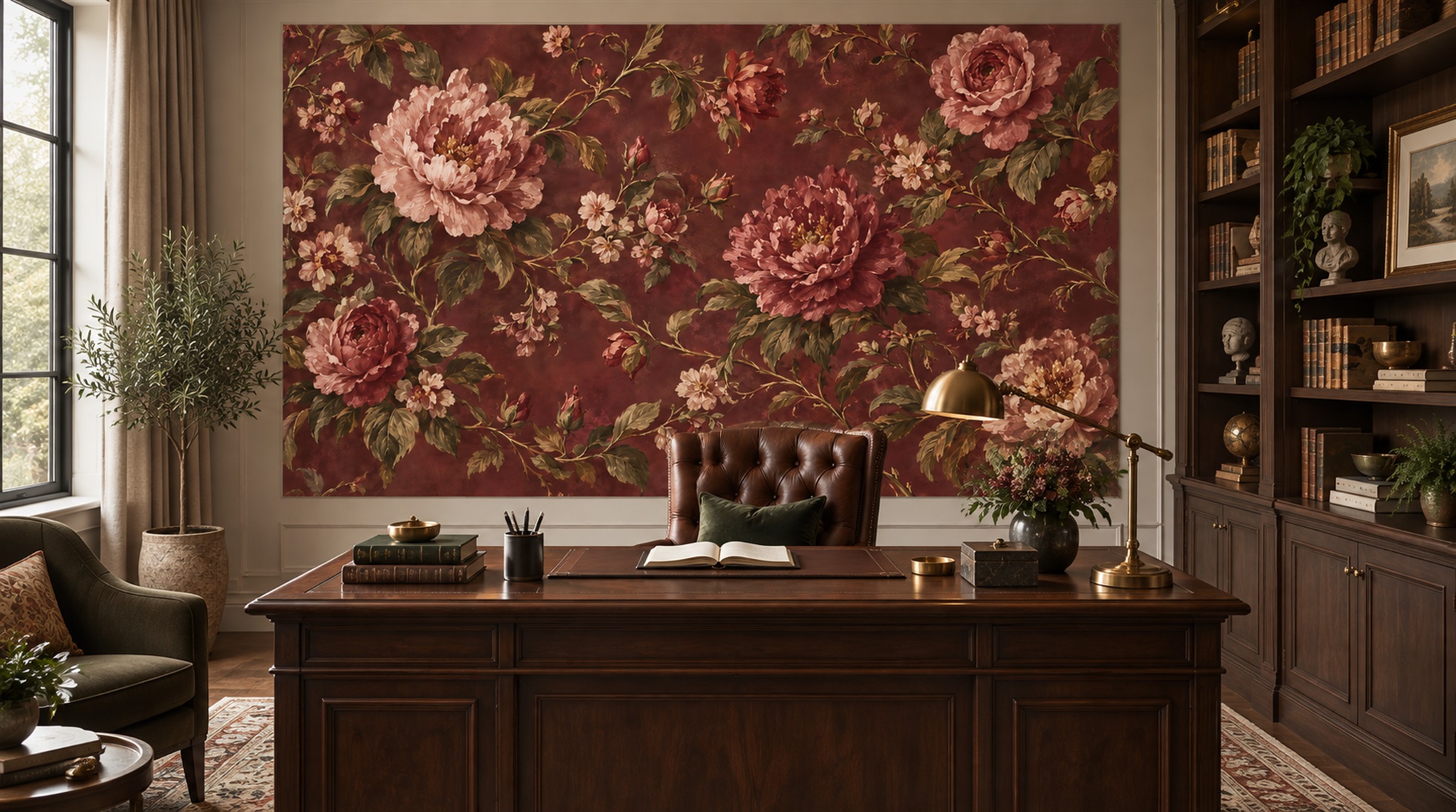 Red And Neutral Decorative Patterning Painterly Wallpaper Mural Living-room-wallpaper-murals, Peel-and-stick Finish