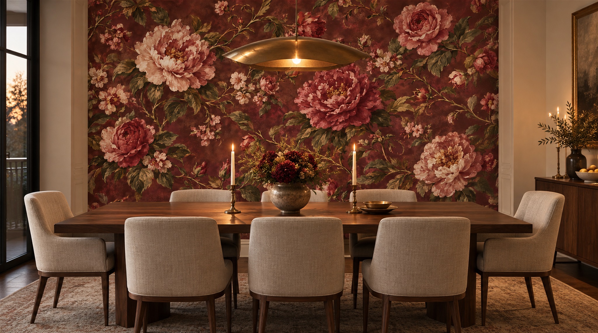 Red And Neutral Decorative Patterning Painterly Wallpaper Mural Bedroom-wallpaper-murals, Peel-and-stick Finish