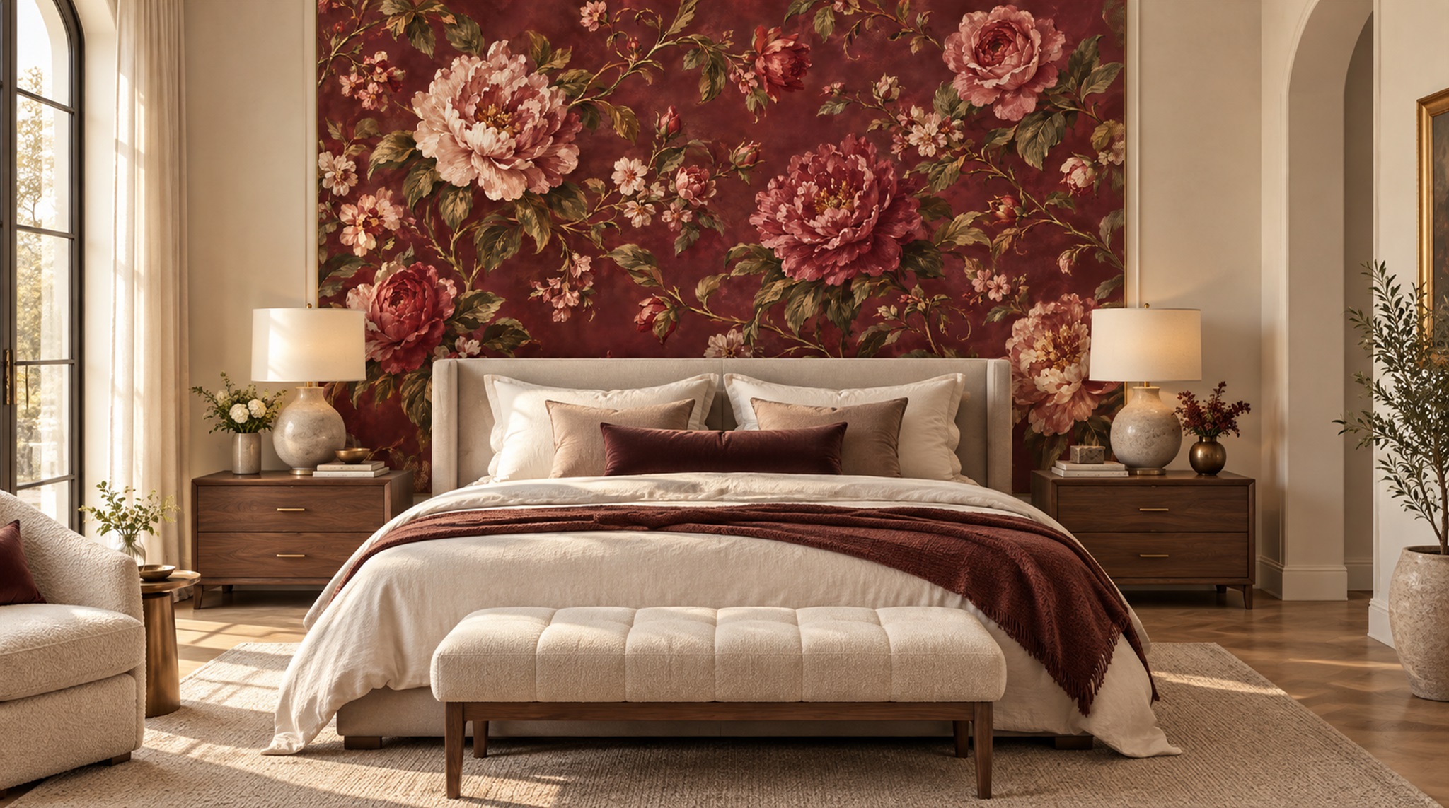 Red And Neutral Decorative Patterning Painterly Wallpaper Mural Dining-room-wallpaper-murals, Peel-and-stick Finish