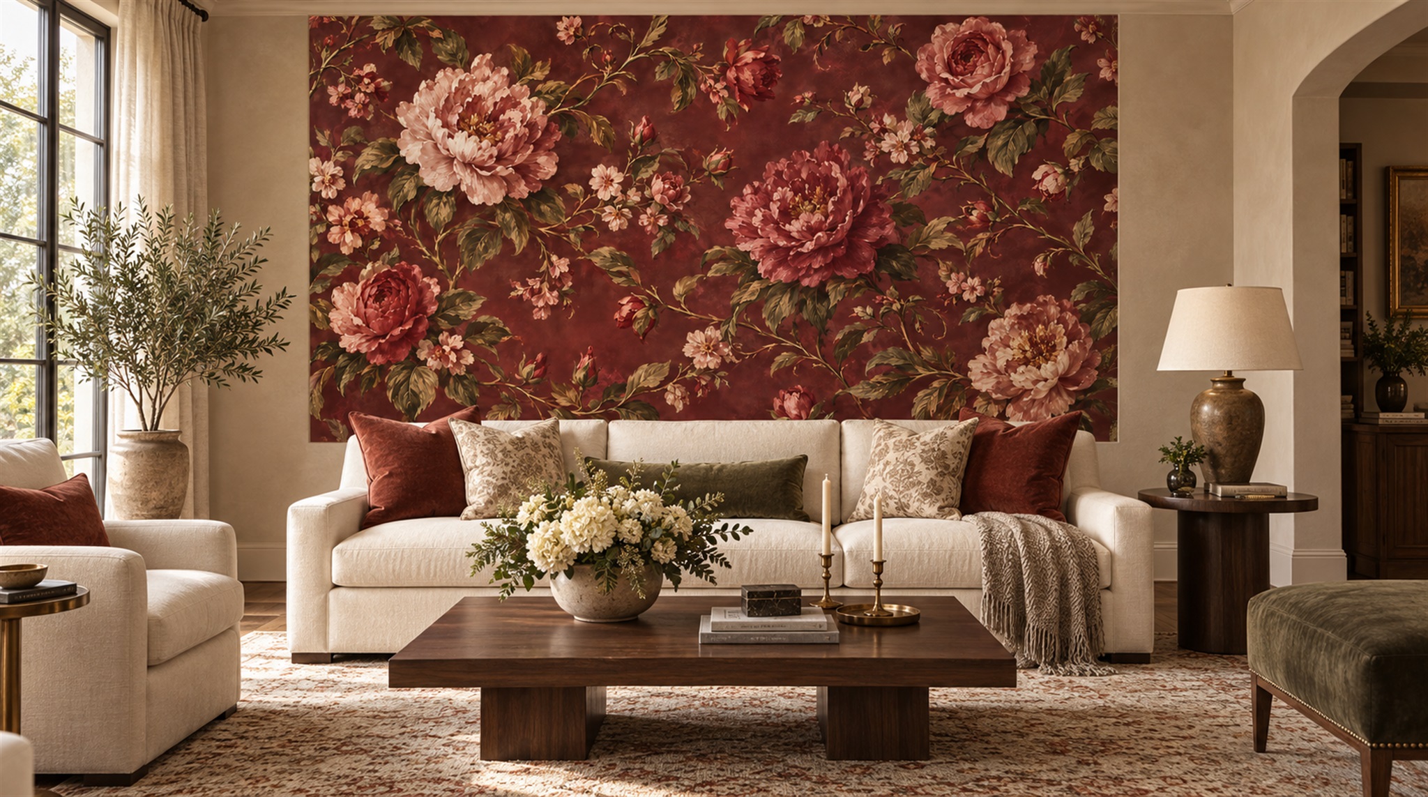 Red And Neutral Decorative Patterning Painterly Wallpaper Mural Office-wallpaper-murals, Shown In A Home Office, Peel-and-stick Finish