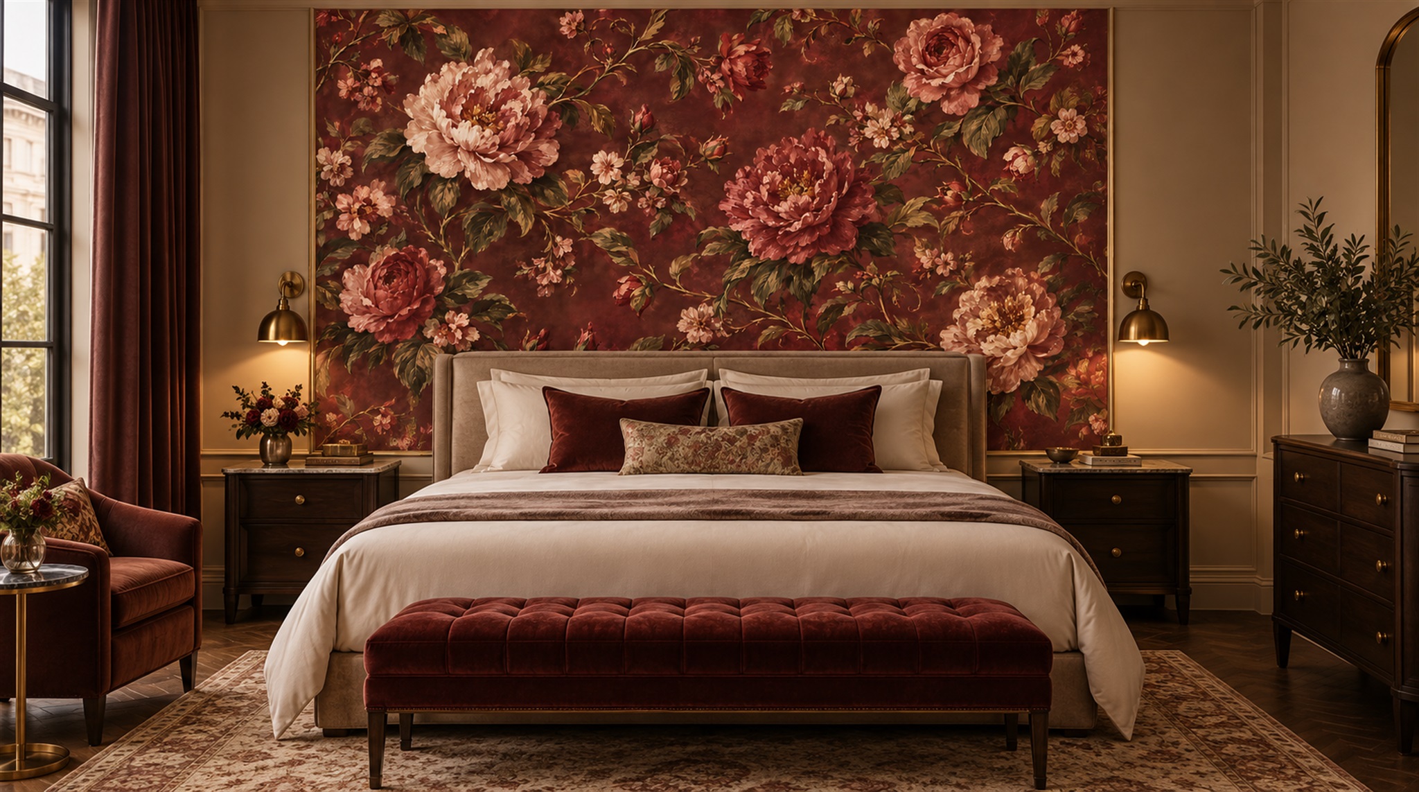 Red And Neutral Decorative Patterning Painterly Wallpaper Mural Accent-wall-wallpaper-murals, Peel-and-stick Finish