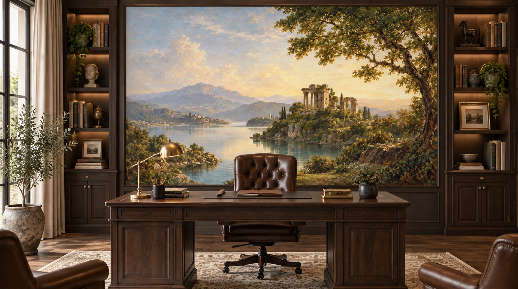 Red And Blue A Painterly Scenic View Living-room-wallpaper-murals, Shown In A Living Room, Peel-and-stick Finish