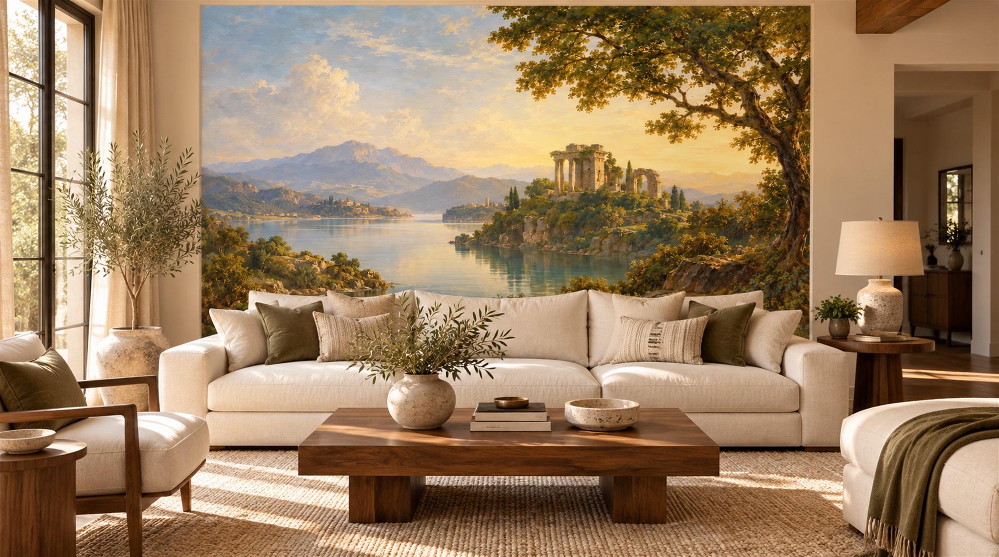 Red And Blue A Painterly Scenic View Office-wallpaper-murals, Shown In A Home Office, Peel-and-stick Finish