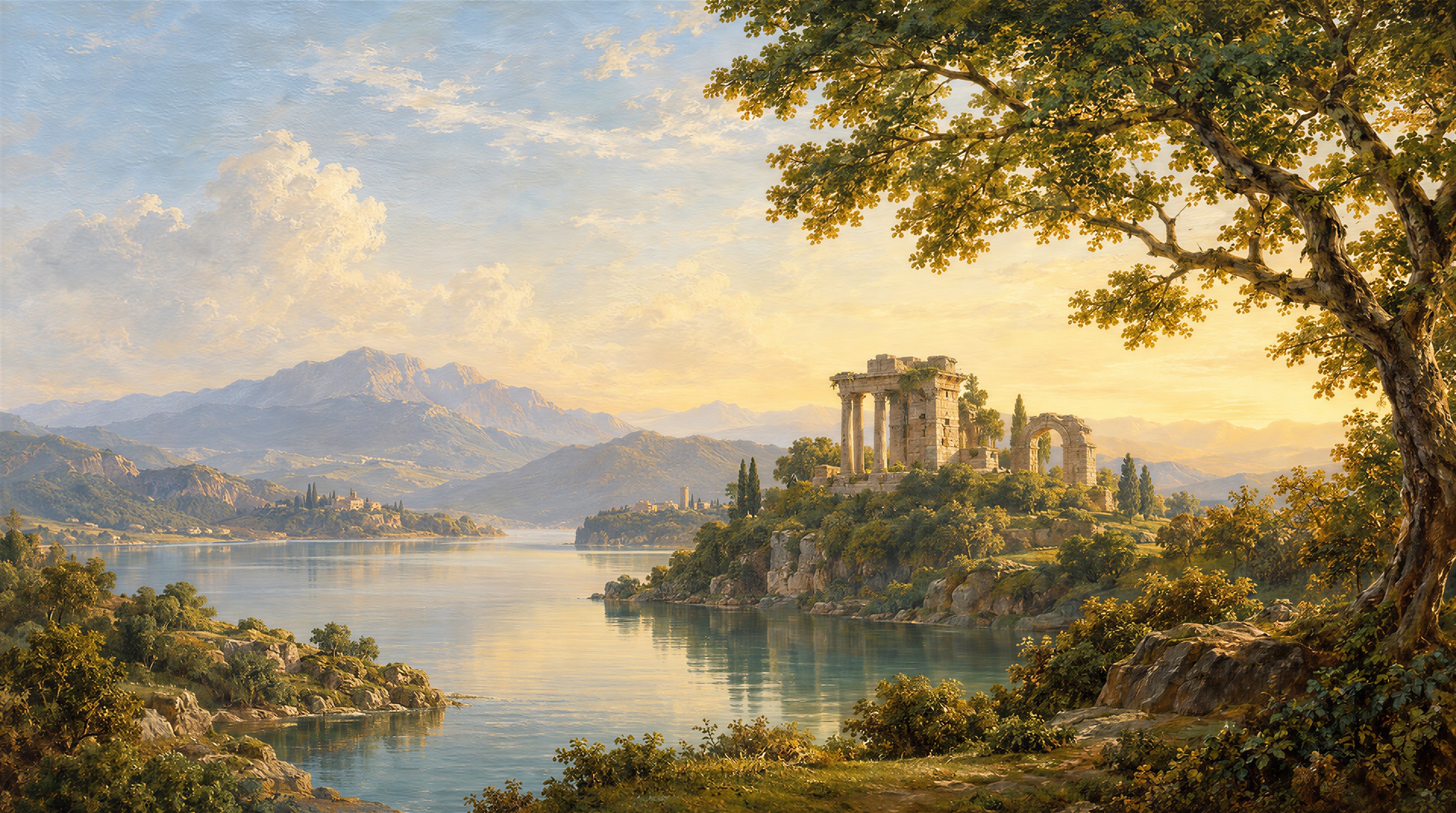 Golden Hour Lakeside Ruins Wallpaper Mural — Wallpaper Mural Design, Peel-and-stick Finish